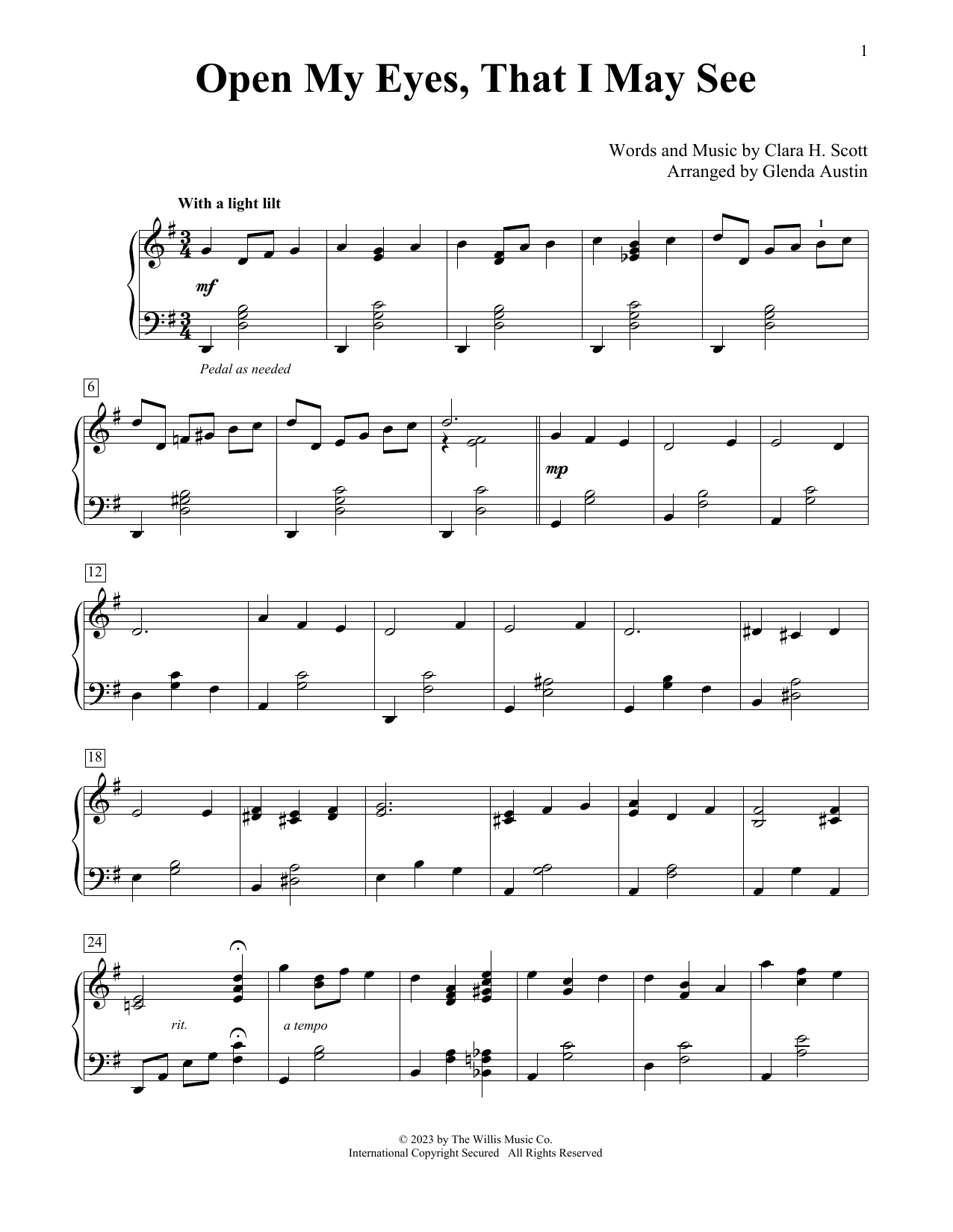 Clara H. Scott Open My Eyes, That I May See (arr. Glenda Austin) sheet music notes and chords arranged for Educational Piano