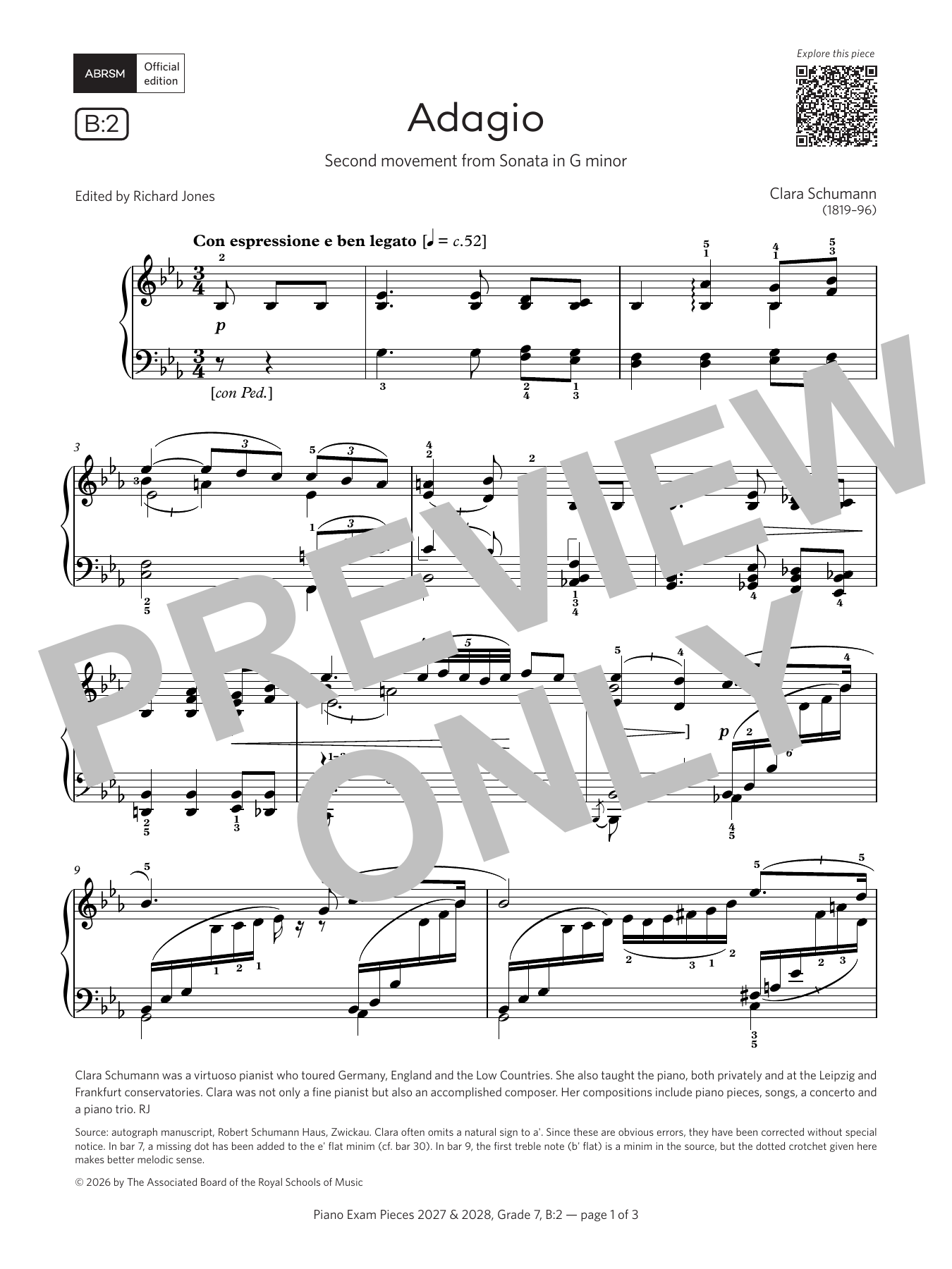 Clara Schumann Adagio (Grade 7, list B2, from the ABRSM Piano Syllabus 2027 & 2028) sheet music notes and chords arranged for Piano Solo