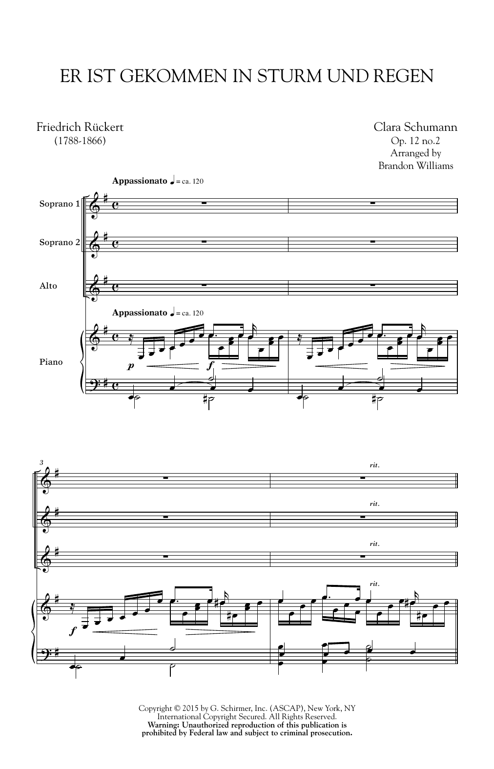 Clara Schumann Er Ist Gekommen In Sturm Und Regen (arr. Brandon Williams) sheet music notes and chords arranged for SSA Choir