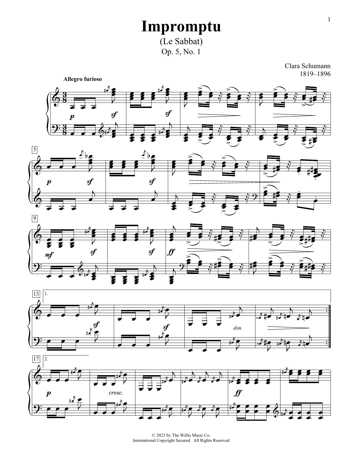 Clara Schumann Impromptu (Le Sabbat), Op. 5, No. 1 sheet music notes and chords arranged for Educational Piano