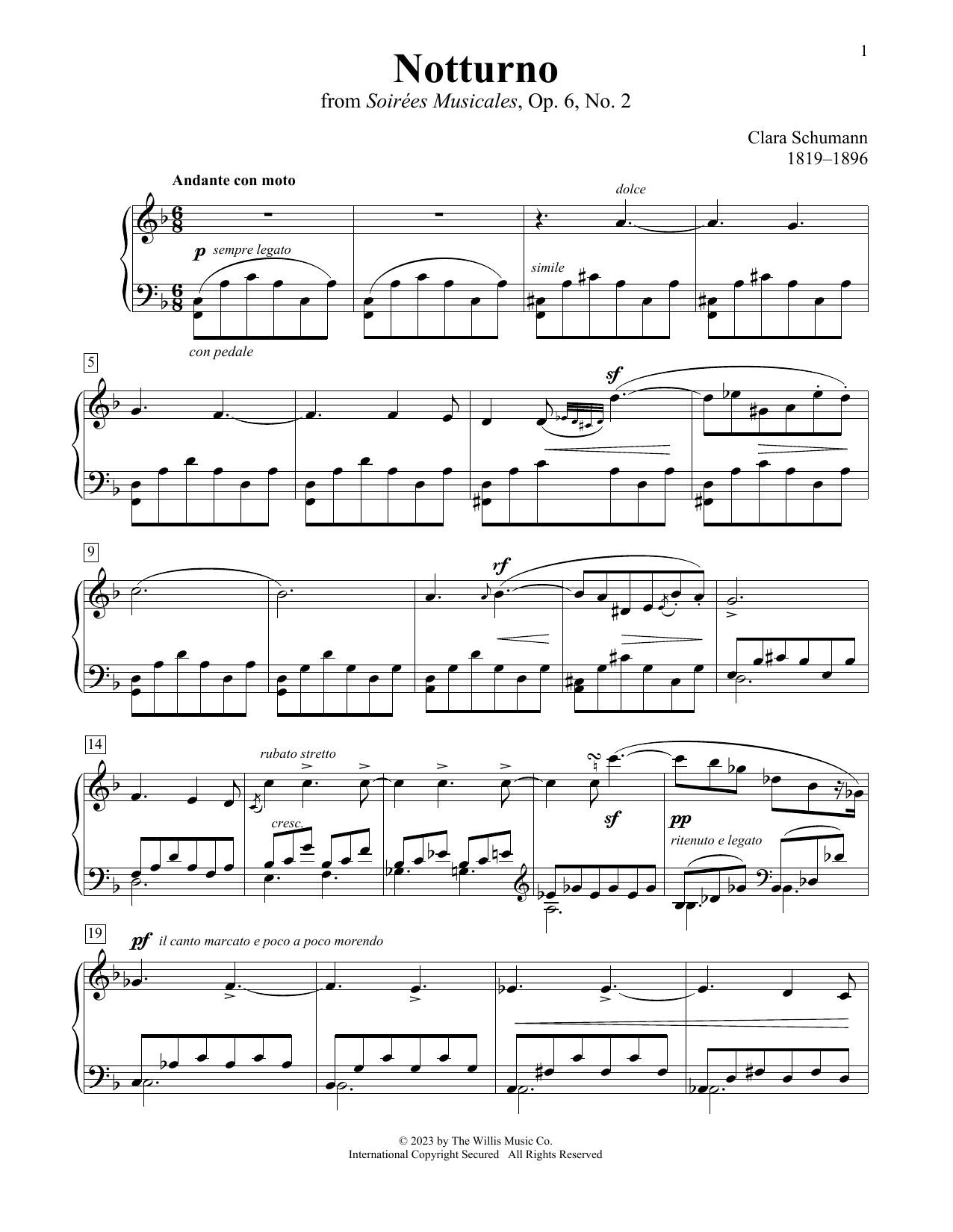 Clara Schumann Notturno sheet music notes and chords arranged for Educational Piano