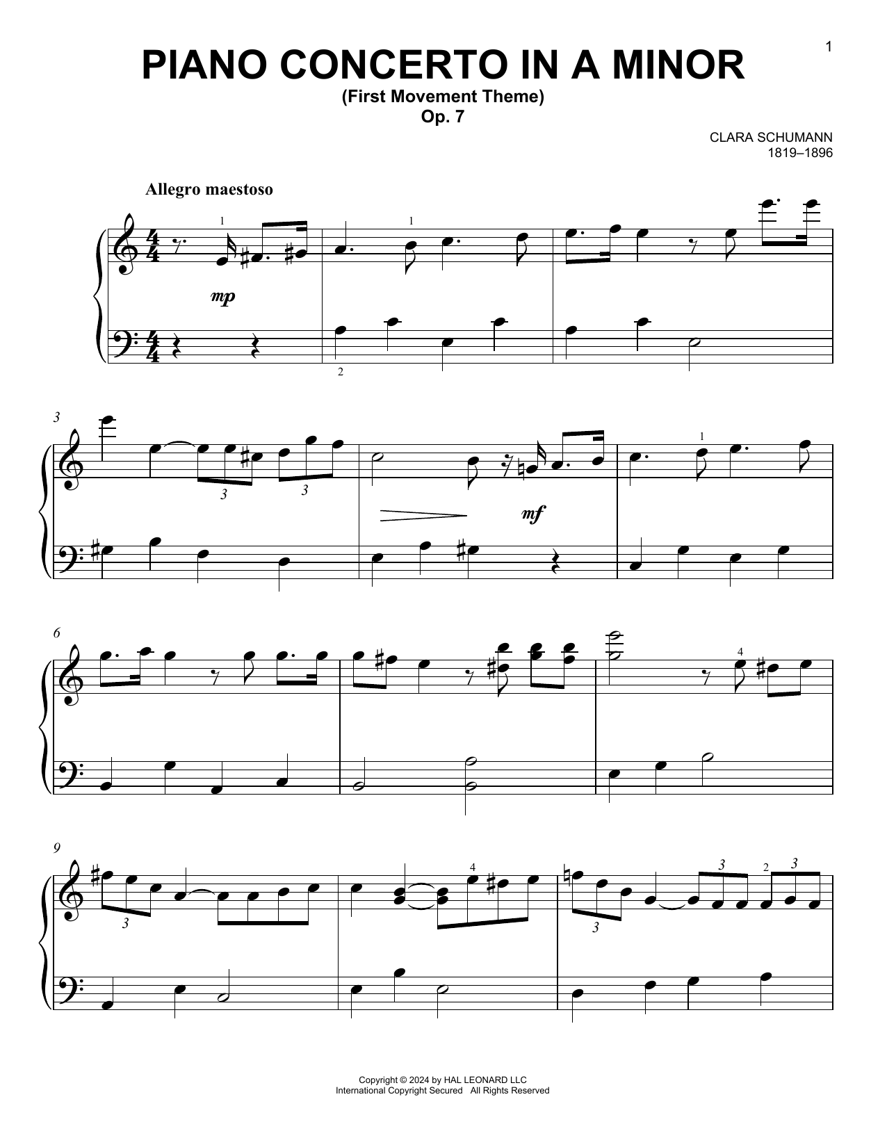 Clara Schumann Piano Concerto In A Minor, Op. 7, First Movement sheet music notes and chords arranged for Easy Piano