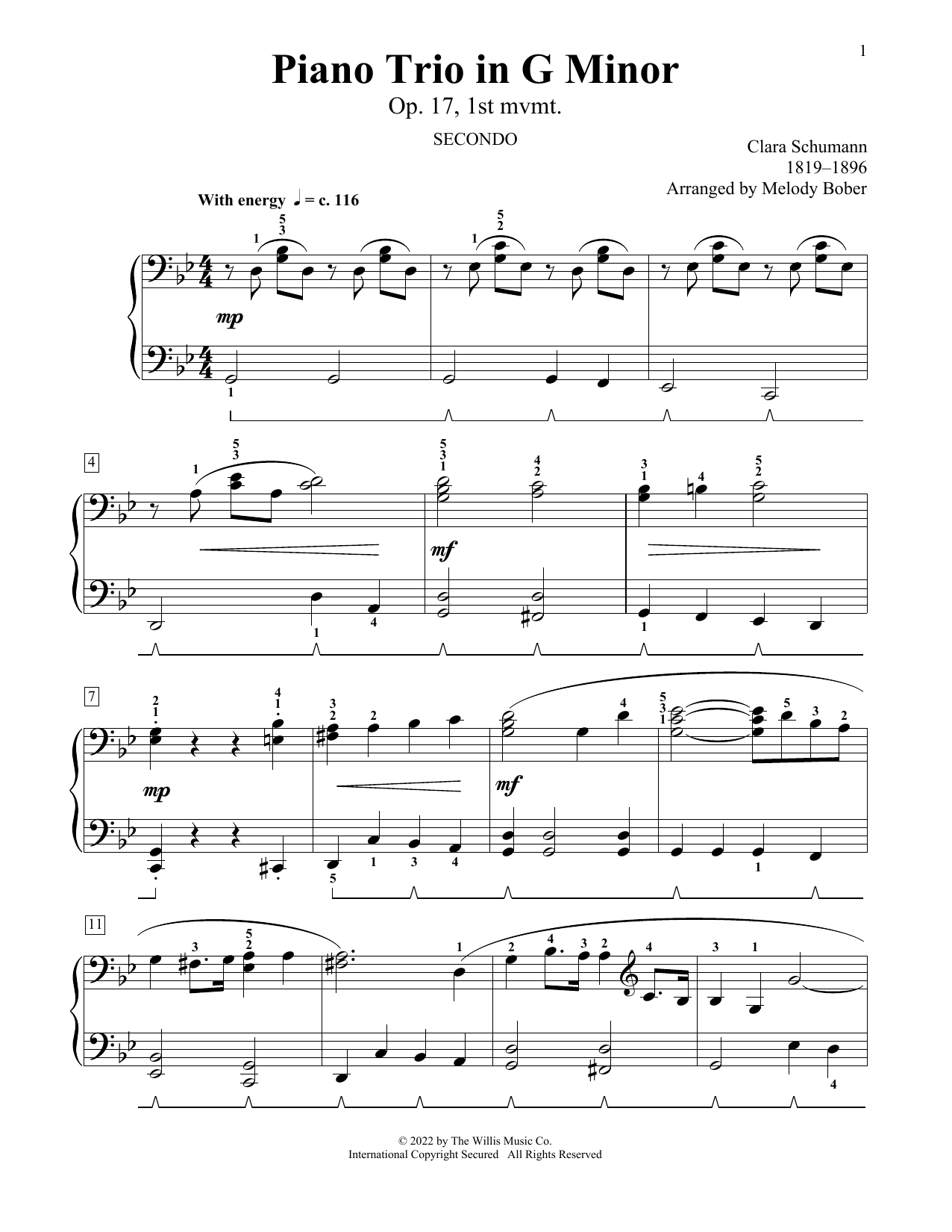 Clara Schumann Piano Trio In G Minor, Op. 17, 1st Mvmt (arr. Melody Bober) sheet music notes and chords arranged for Piano Duet