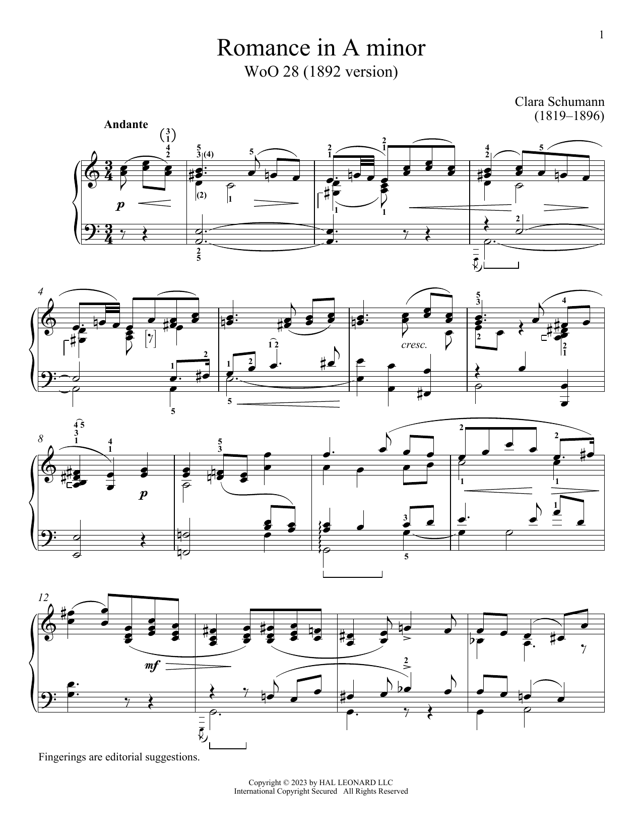 Clara Schumann Romance in A minor, WoO 28 sheet music notes and chords arranged for Piano Solo