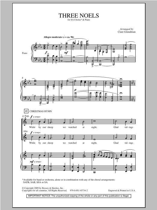 Clare Grundman Three Noels sheet music notes and chords arranged for 2-Part Choir
