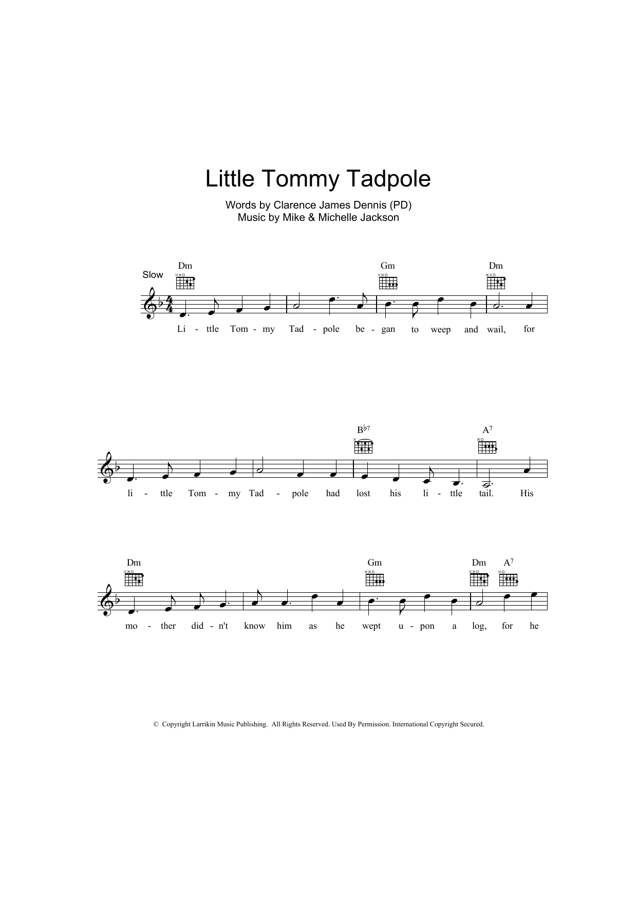 Clarence James Dennis Little Tommy Tadpole sheet music notes and chords arranged for Lead Sheet / Fake Book
