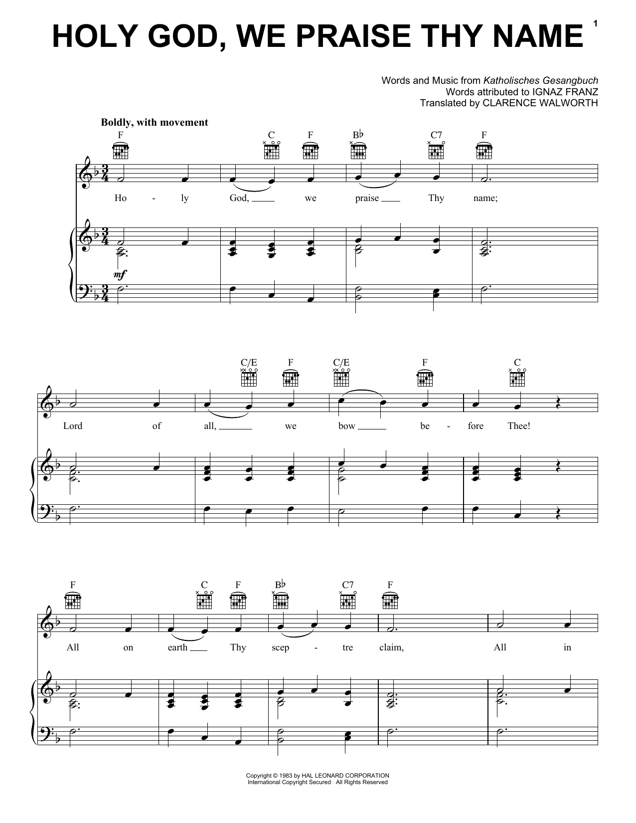 Clarence Walworth Holy God, We Praise Thy Name sheet music notes and chords arranged for Piano, Vocal & Guitar Chords (Right-Hand Melody)