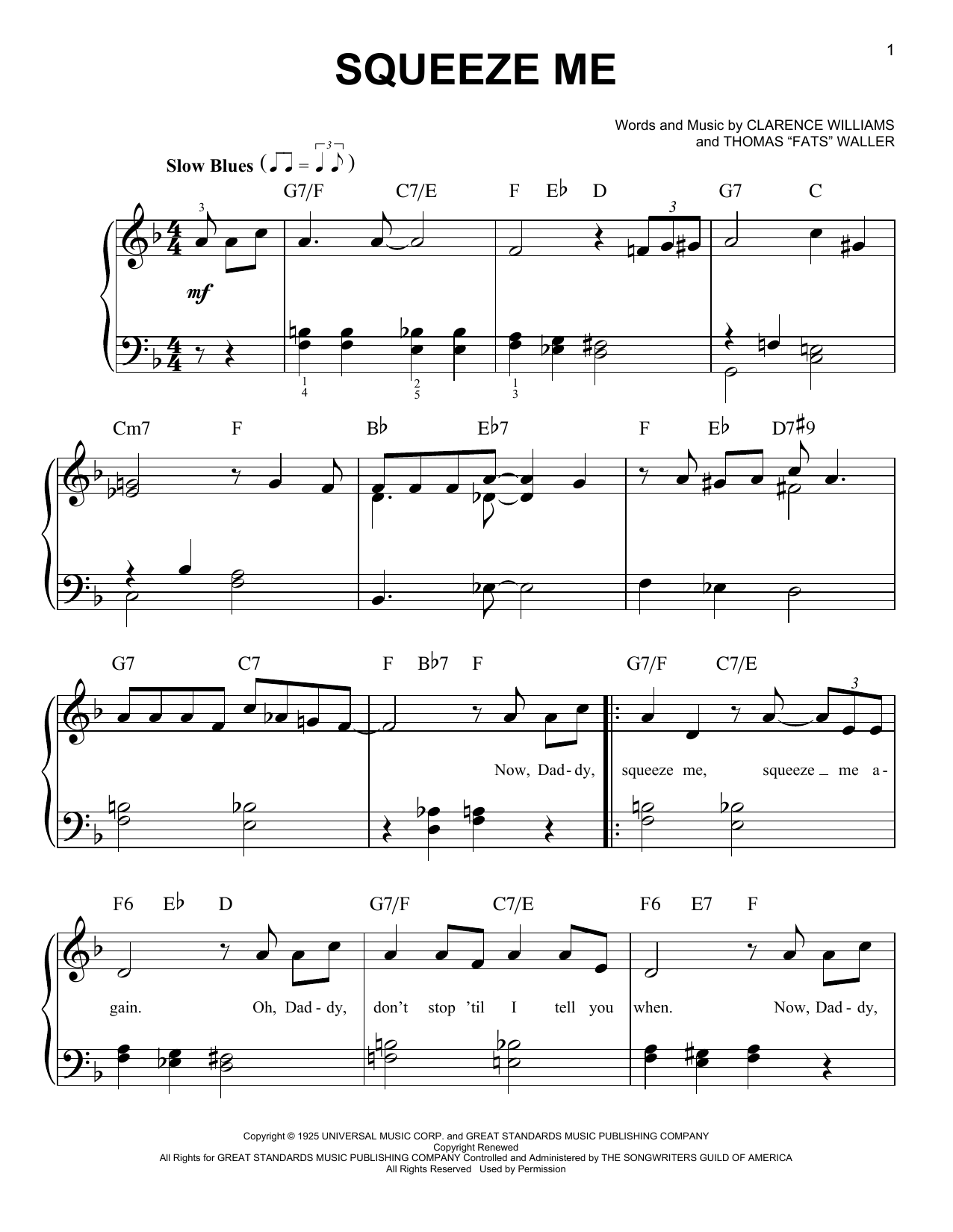 Clarence Williams Squeeze Me sheet music notes and chords arranged for Easy Piano