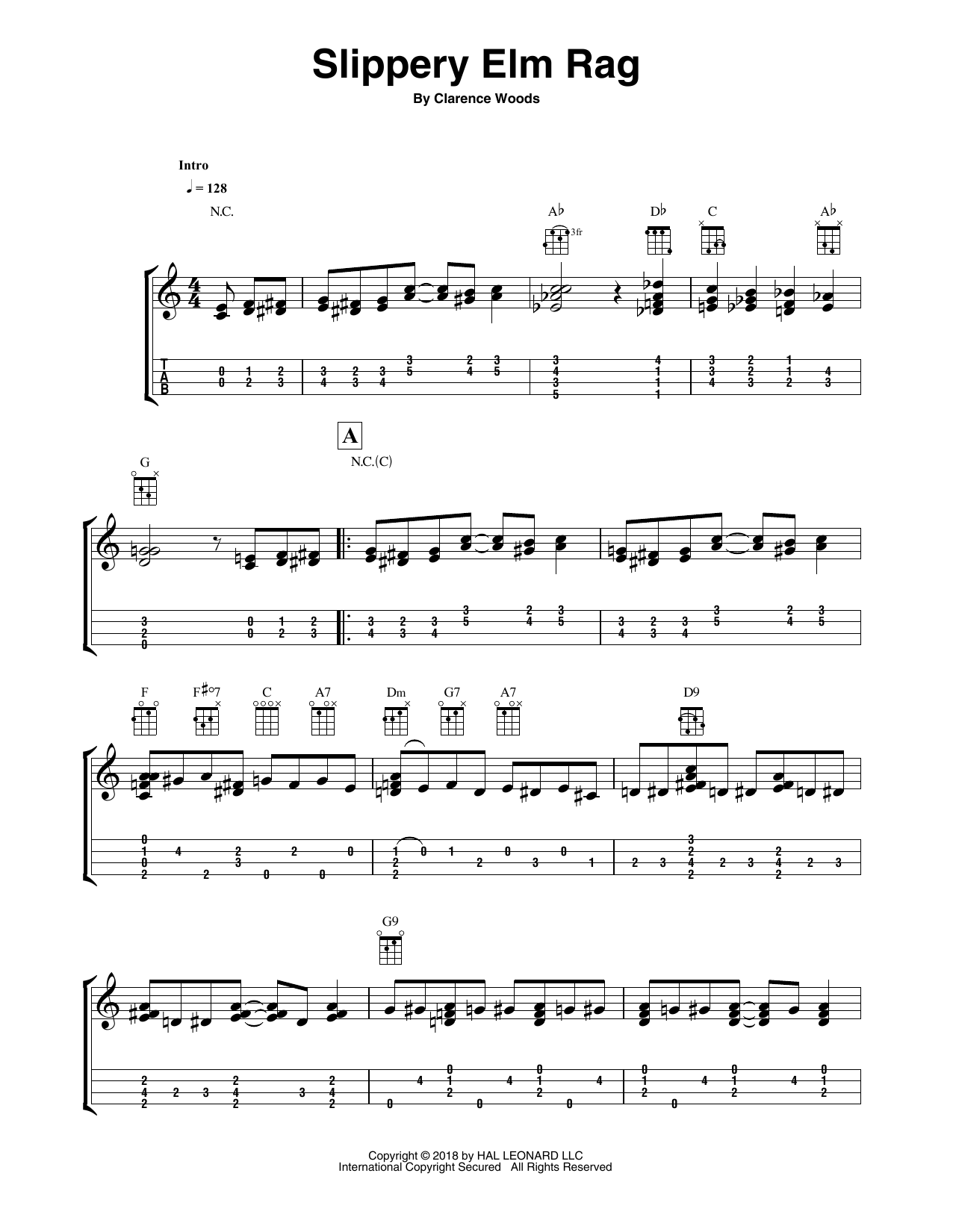 Fred Sokolow Slippery Elm Rag sheet music notes and chords arranged for Easy Ukulele Tab