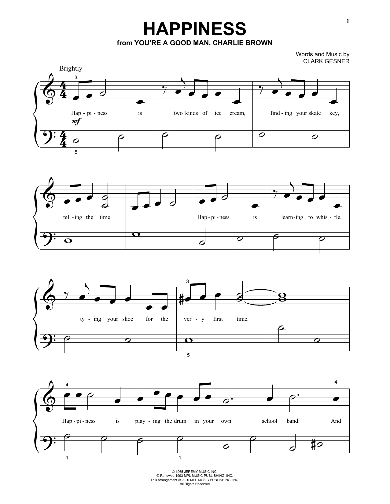 Clark Gesner Happiness (from You're A Good Man, Charlie Brown) sheet music notes and chords arranged for Big Note Piano