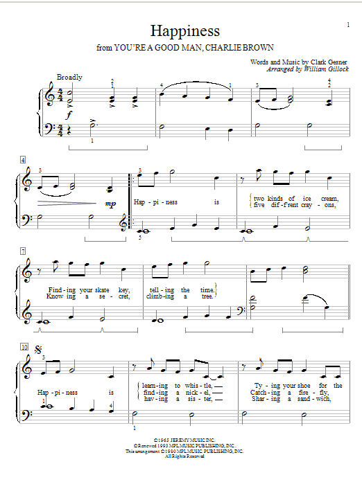 Clark Gesner Happiness sheet music notes and chords arranged for Piano, Vocal & Guitar Chords (Right-Hand Melody)