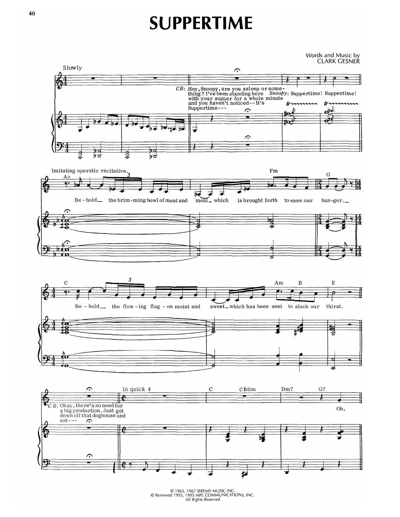 Clark Gesner Suppertime (from You're A Good Man, Charlie Brown) sheet music notes and chords arranged for Piano, Vocal & Guitar Chords (Right-Hand Melody)