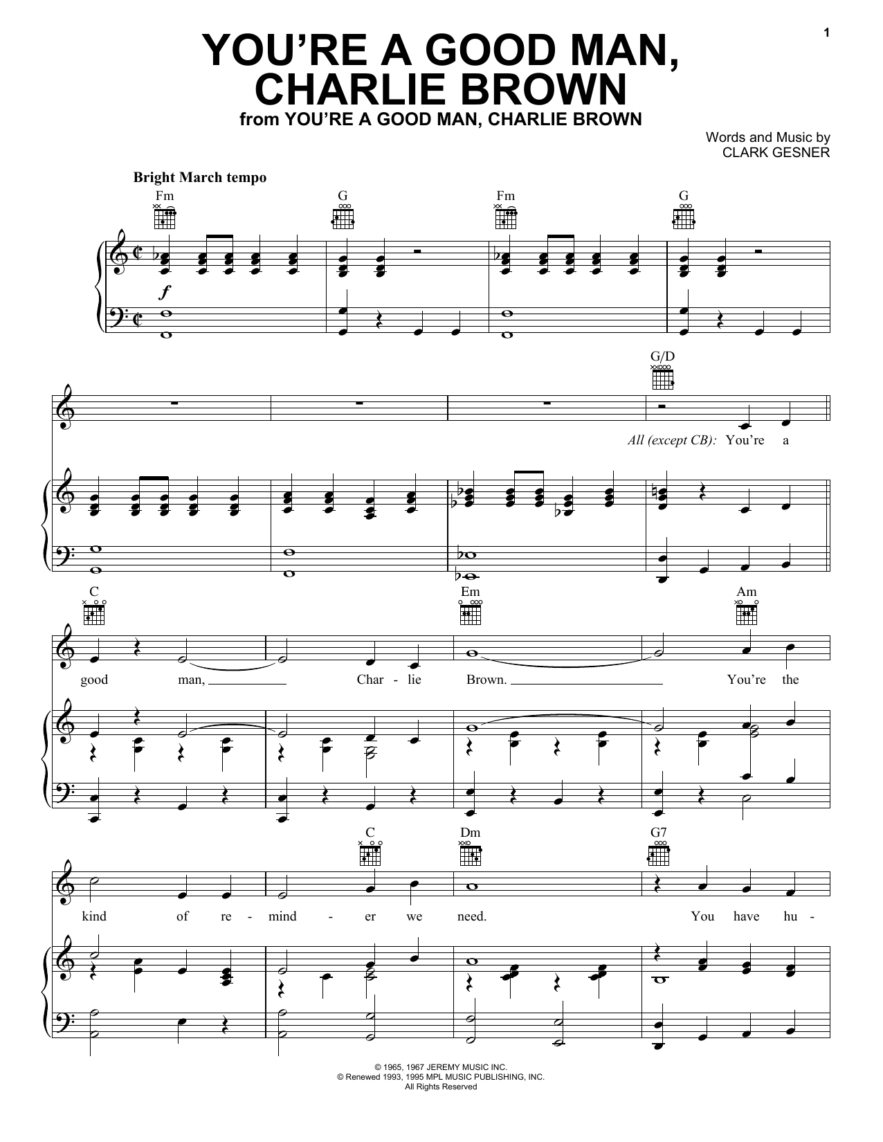 Clark Gesner You're A Good Man, Charlie Brown sheet music notes and chords arranged for Piano, Vocal & Guitar Chords (Right-Hand Melody)