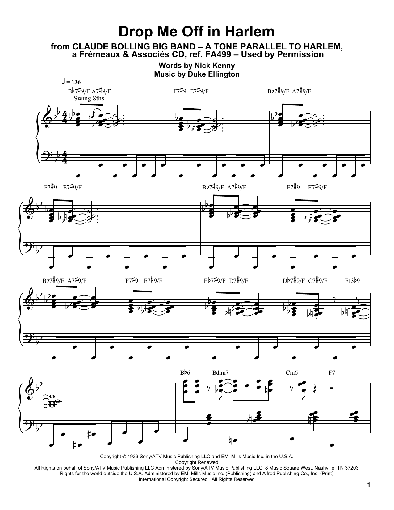 Claude Bolling Drop Me Off In Harlem sheet music notes and chords arranged for Piano Transcription
