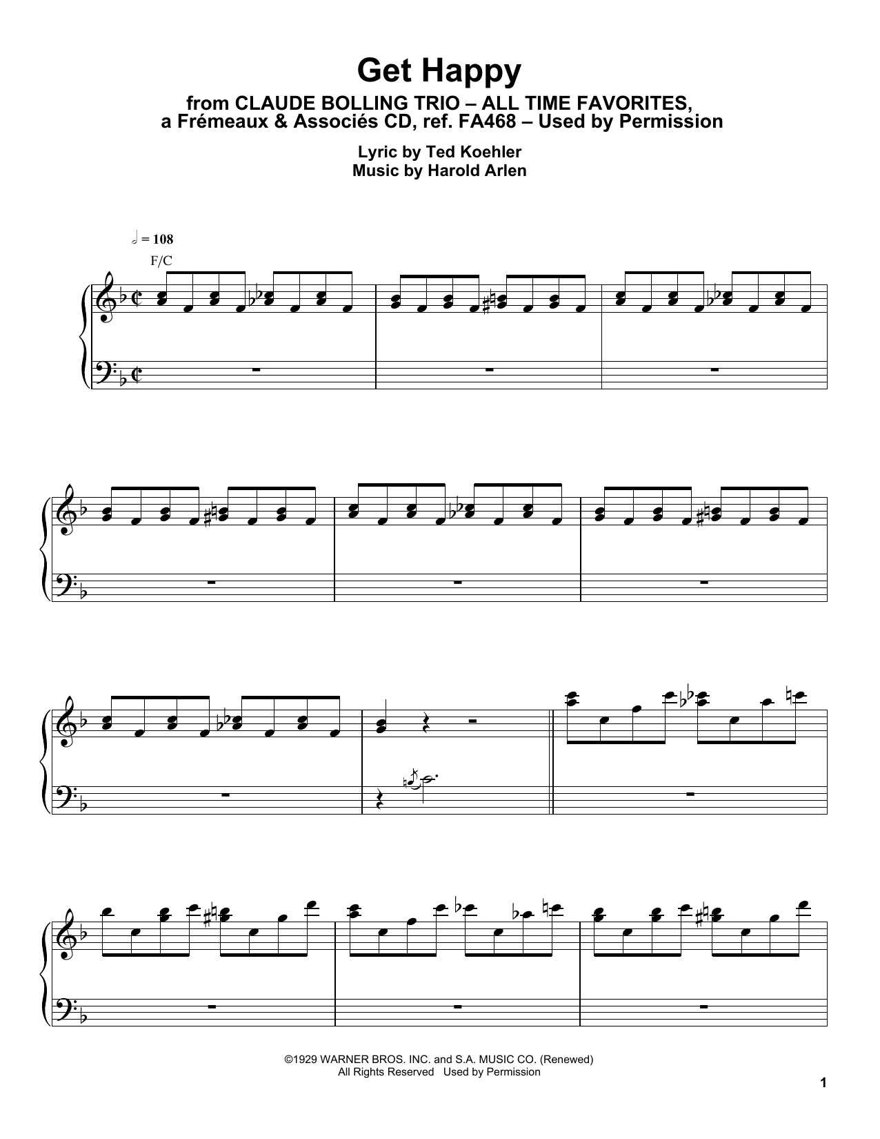 Claude Bolling Get Happy sheet music notes and chords arranged for Piano Transcription