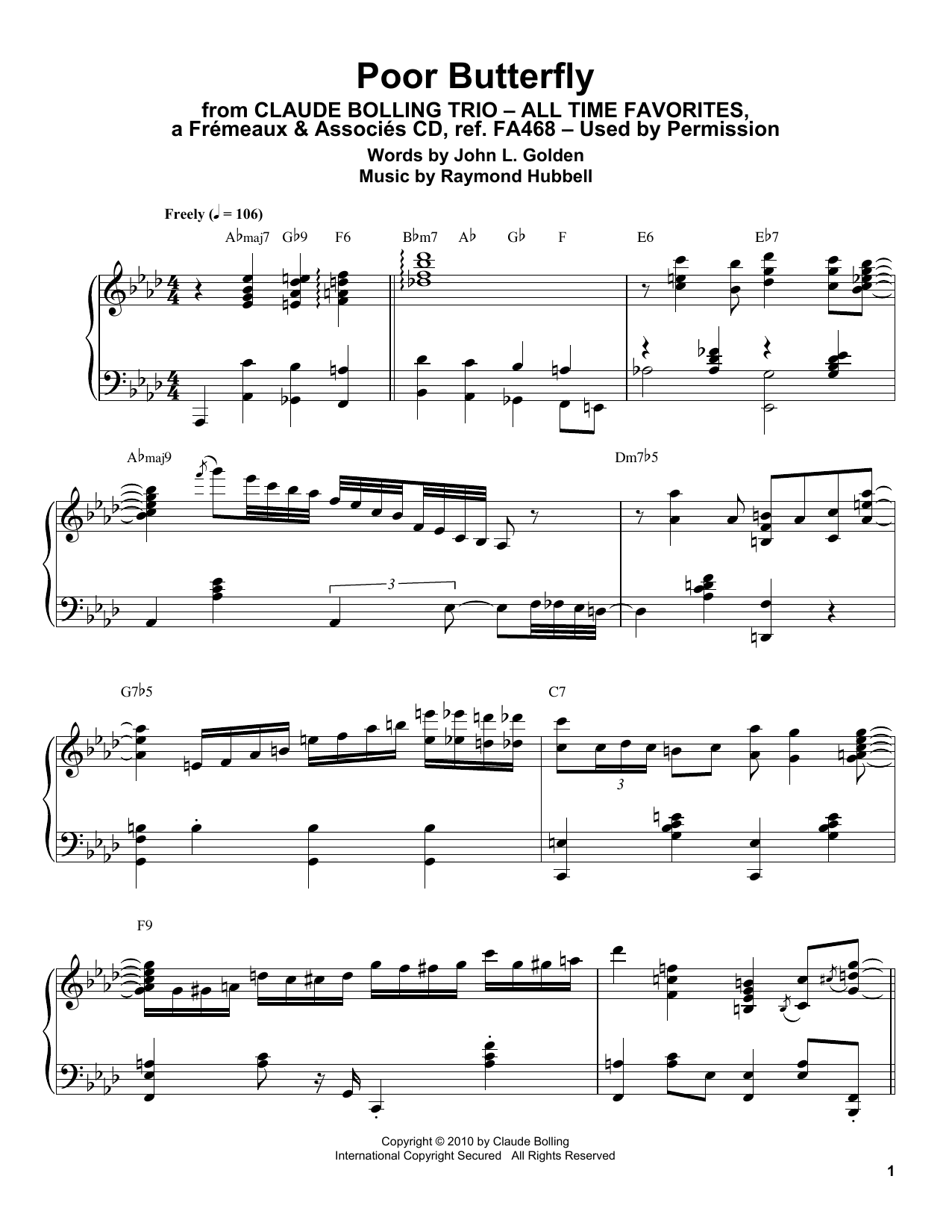 Claude Bolling Poor Butterfly sheet music notes and chords arranged for Piano Transcription