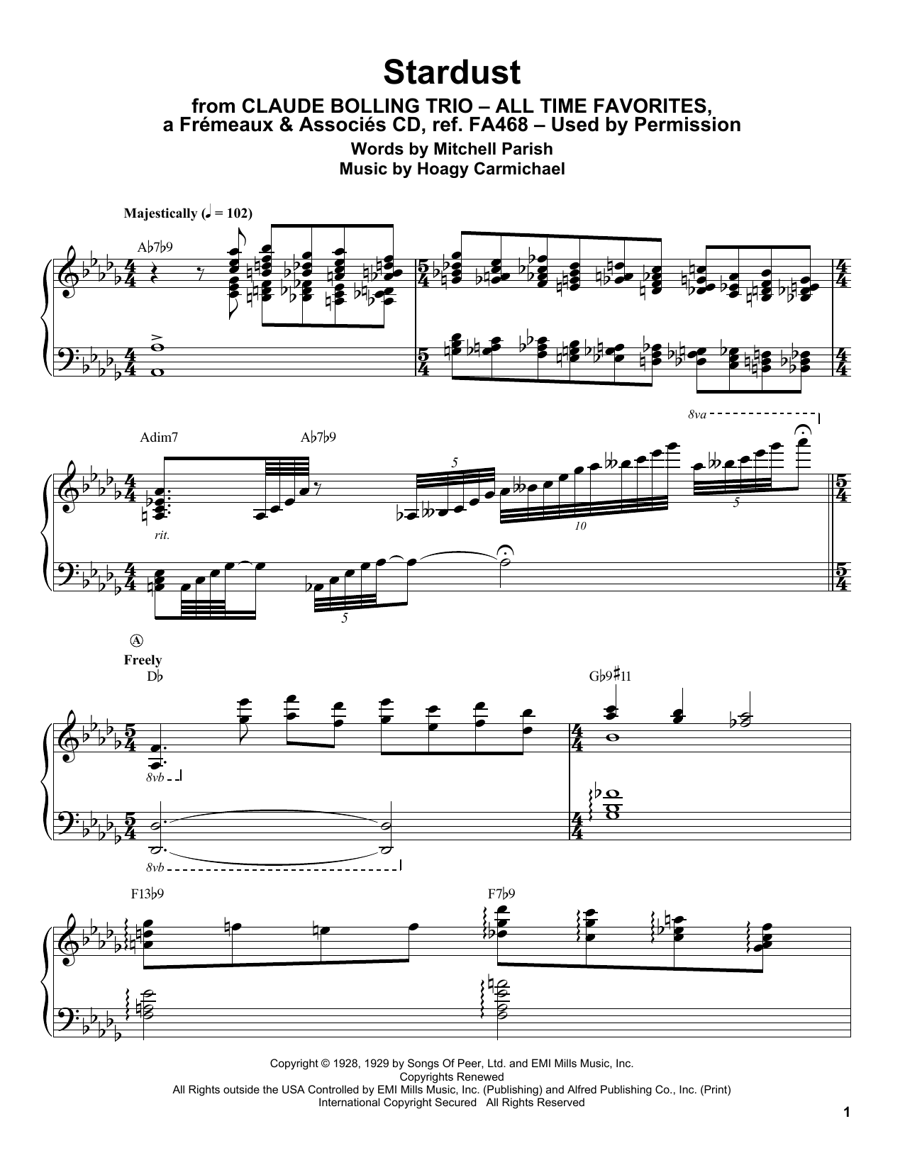 Claude Bolling Stardust sheet music notes and chords arranged for Piano Transcription