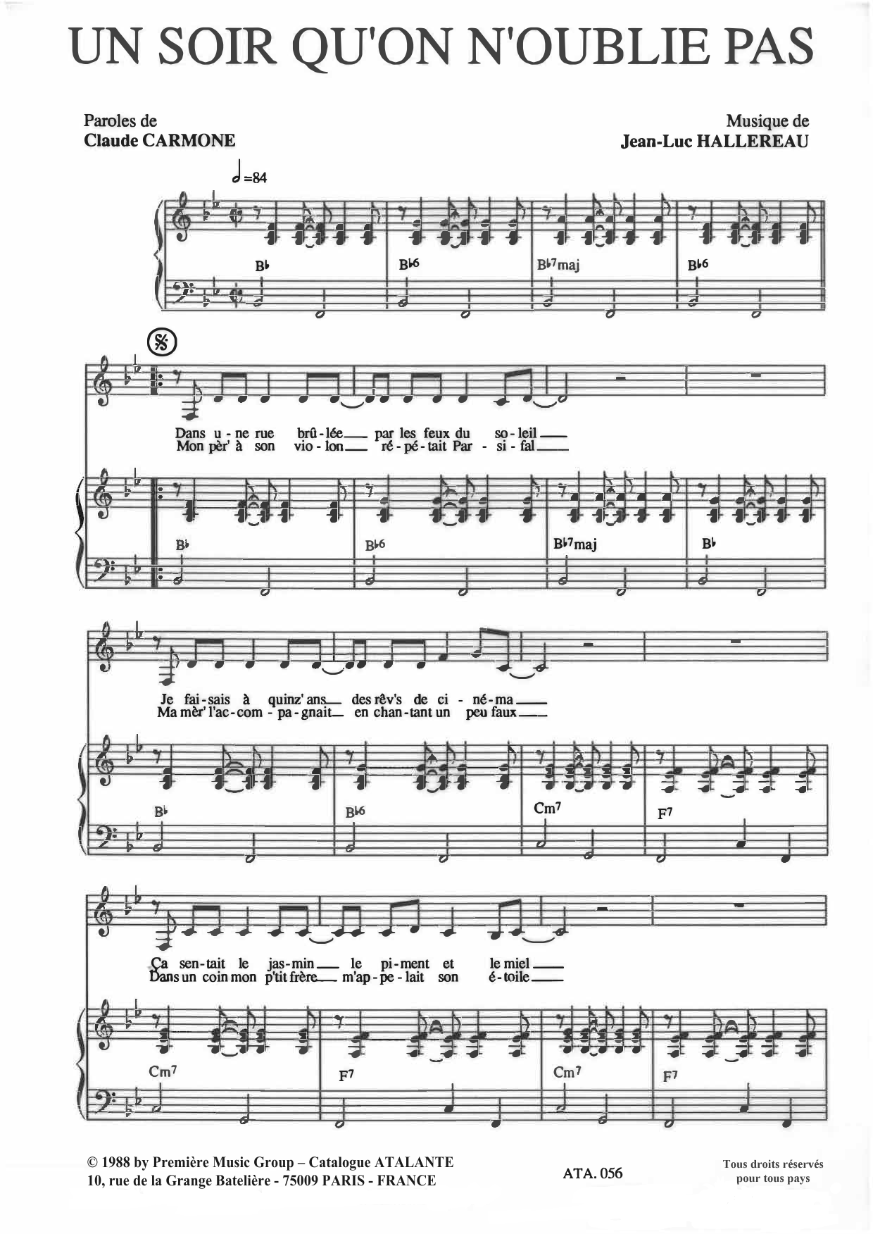 Claude Carmone & Jean-Luc Hallereau Un soir qu'on n'oublie pas sheet music notes and chords arranged for Piano & Vocal