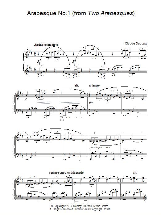 Claude Debussy Arabesque No. 1 sheet music notes and chords arranged for Piano Solo