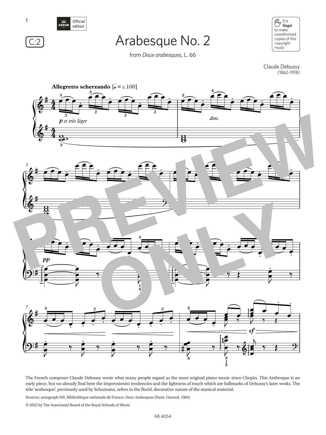 Claude Debussy Arabesque No. 2 (Grade 8, list C2, from the ABRSM Piano Syllabus 2023 & 2024) sheet music notes and chords arranged for Piano Solo
