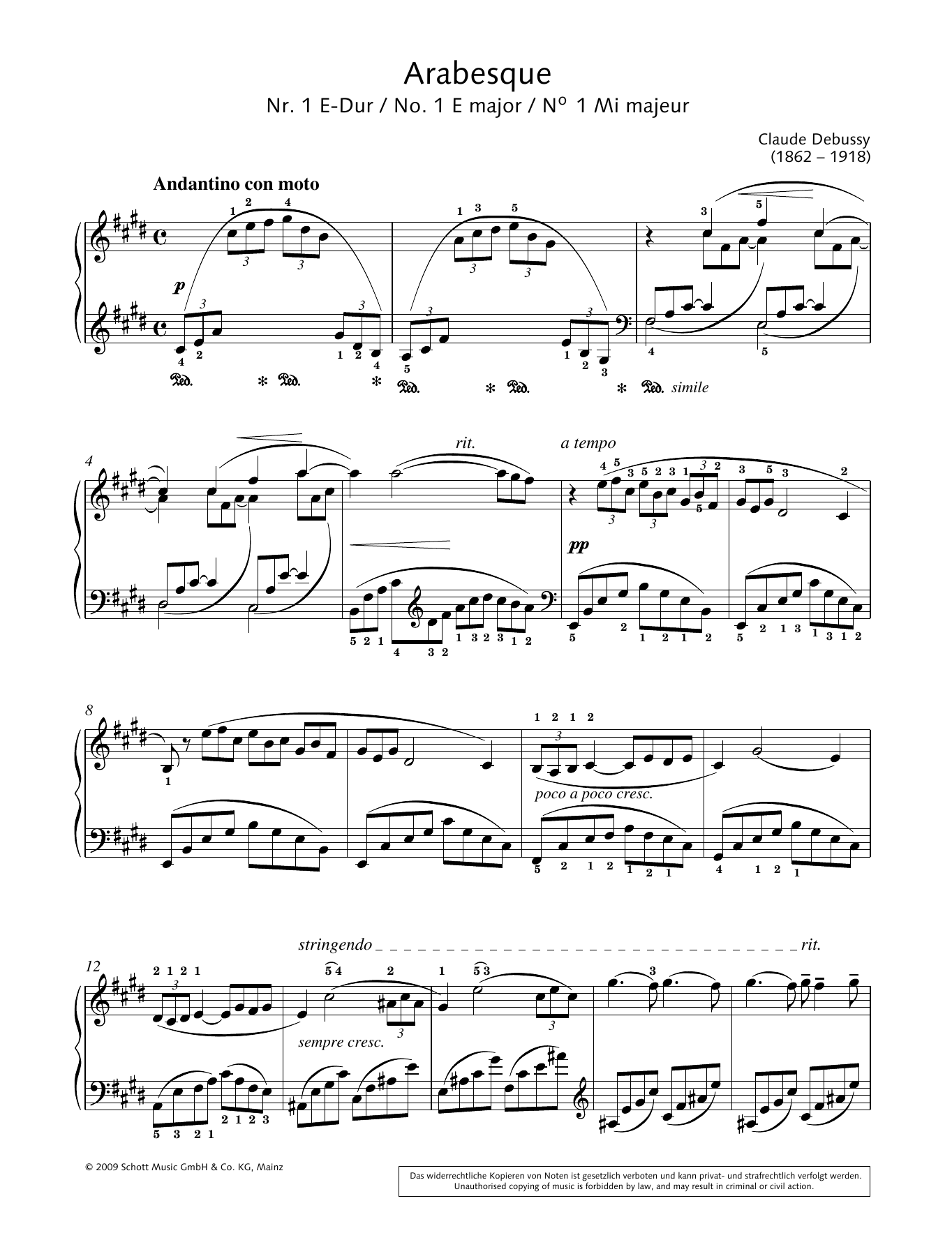 Claude Debussy Arabesque No.1 in E major sheet music notes and chords arranged for Piano Solo
