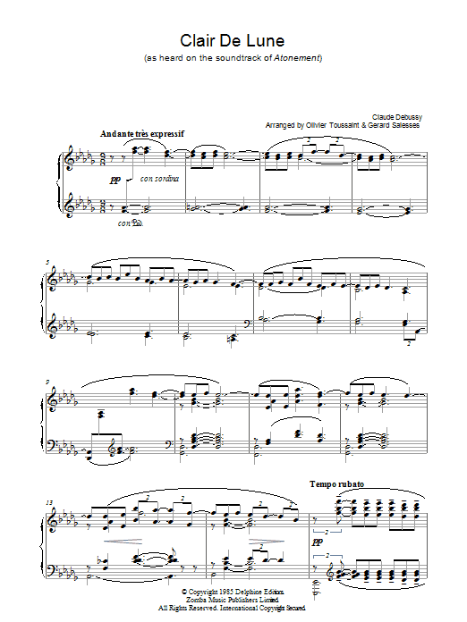 Claude Debussy Clair de Lune (arr. Olivier Toussaint & Gerard Salesses) sheet music notes and chords arranged for Piano Solo