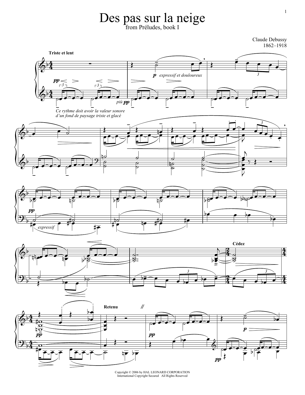 Claude Debussy Des Pas Sur La Neige (Footprints In The Snow) sheet music notes and chords arranged for Piano Solo