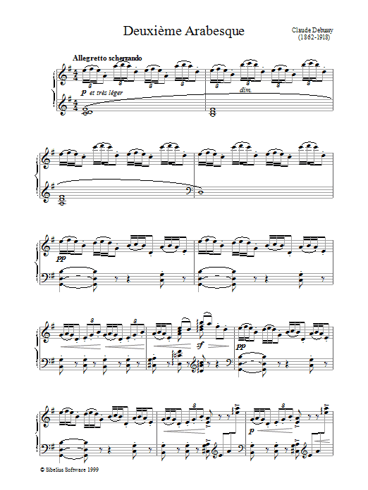 Claude Debussy Deuxième Arabesque sheet music notes and chords arranged for Piano Solo