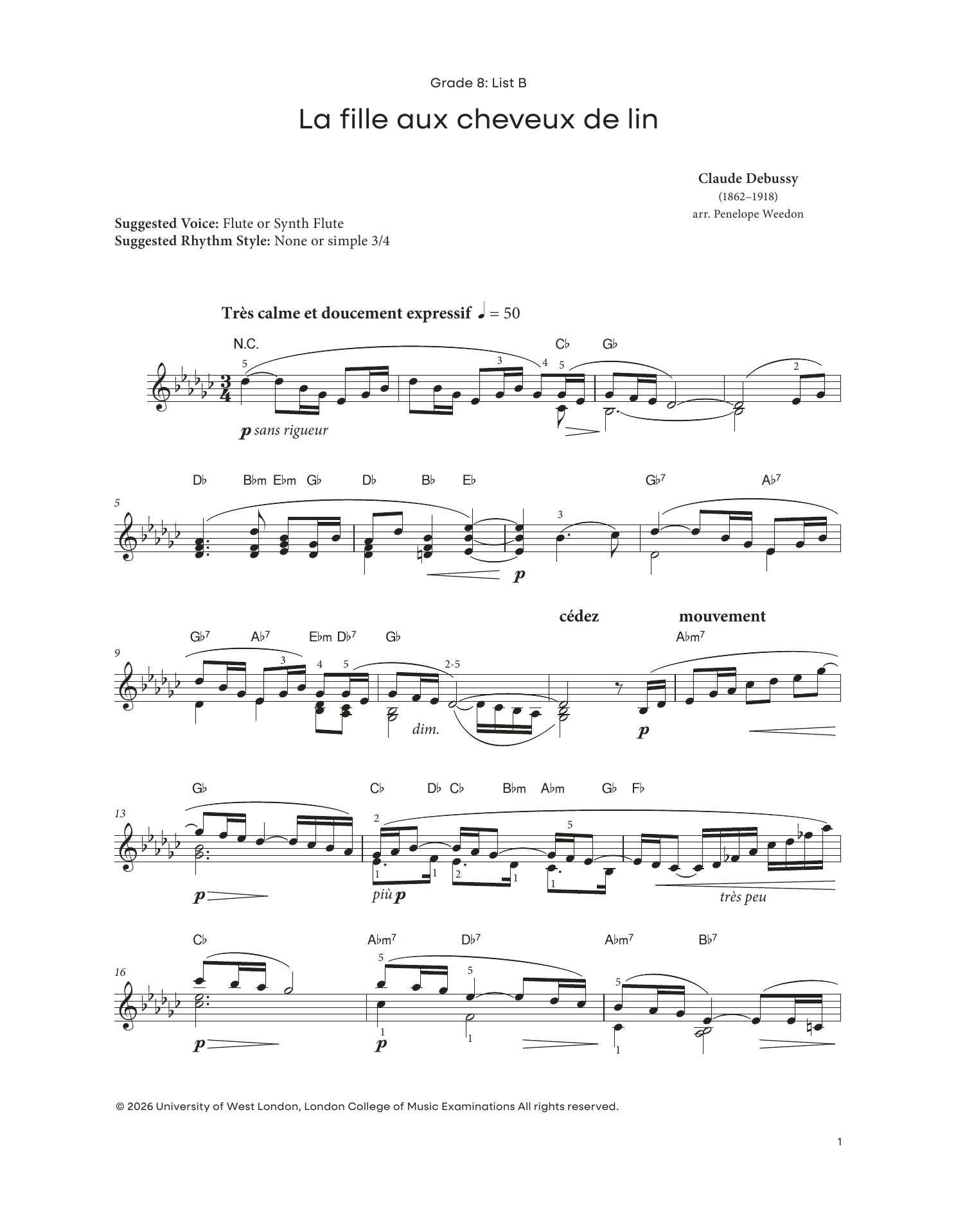 Claude Debussy La Fille aux Chevaux de Lin (LCME Electronic Keyboard Grade 8 List B) sheet music notes and chords arranged for Piano Solo