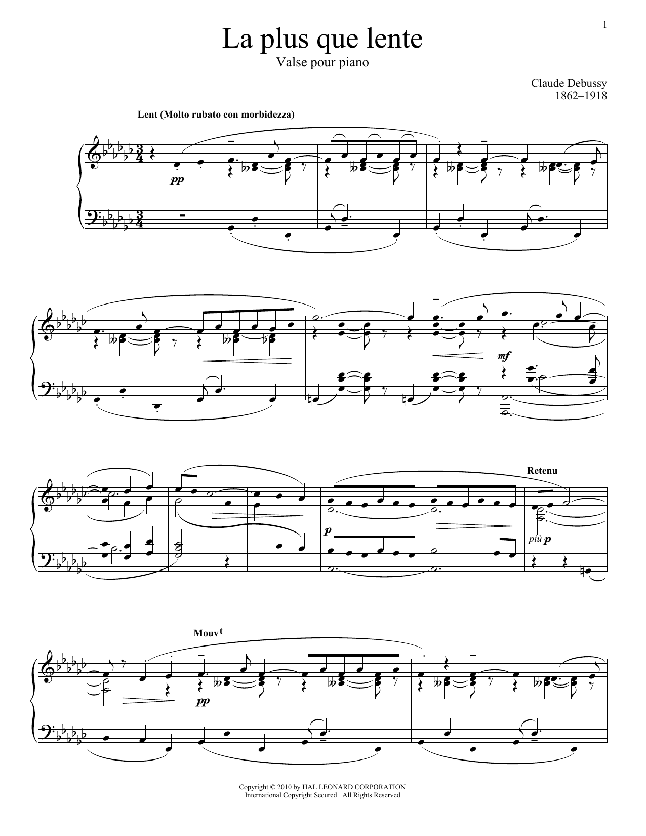 Claude Debussy La Plus Que Lente sheet music notes and chords arranged for Piano Solo