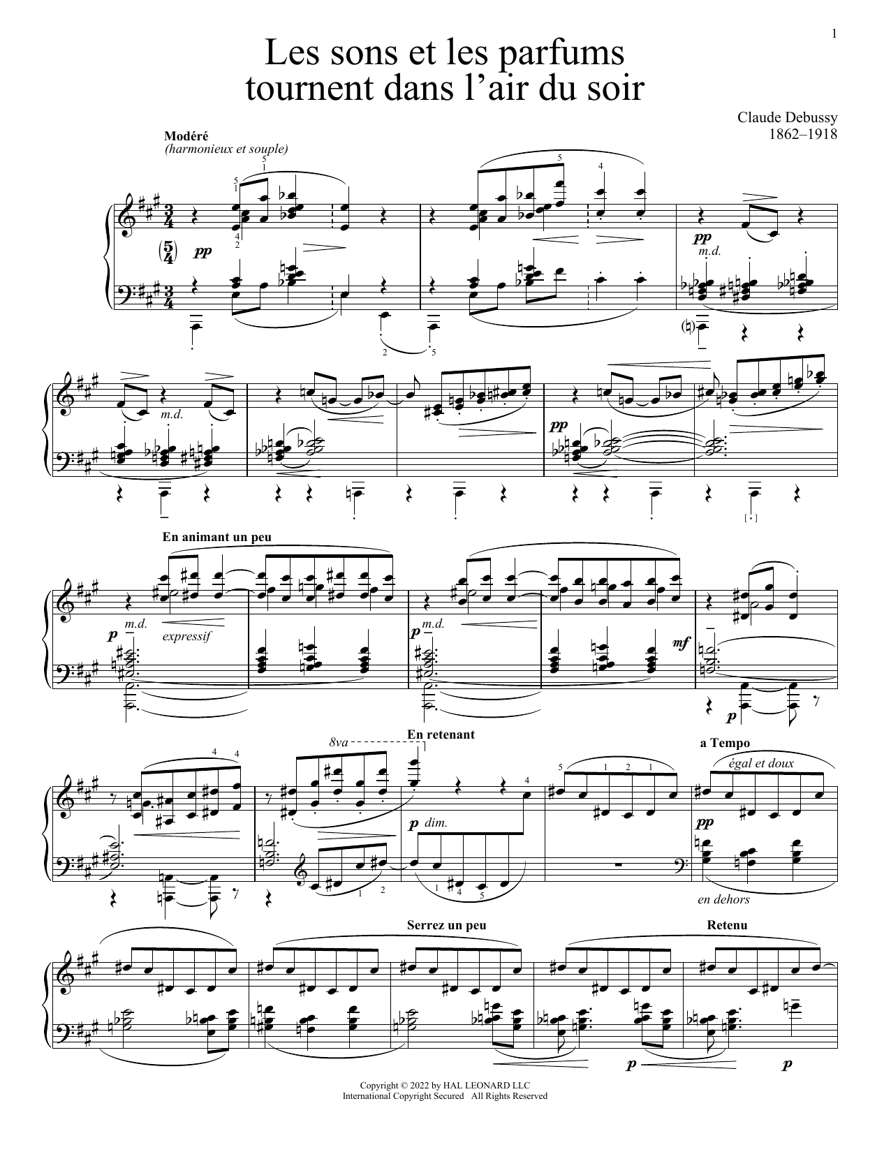 Claude Debussy Les Sons Et Les Parfums Tournent Dans L'Air Du Soir sheet music notes and chords arranged for Piano Solo