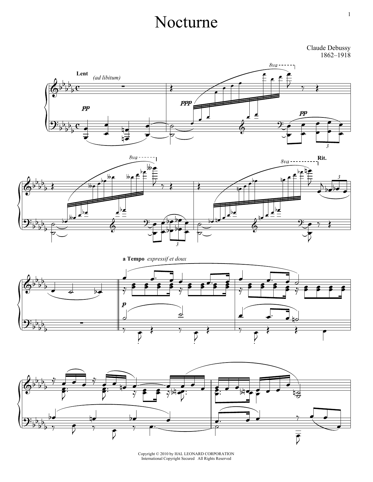 Claude Debussy Nocturne sheet music notes and chords arranged for Piano Solo