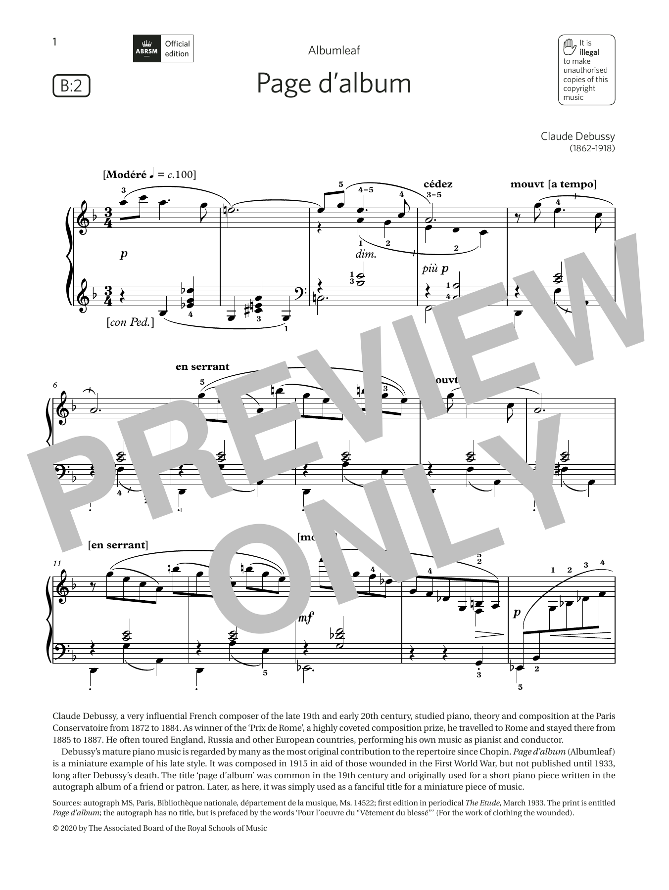 Claude Debussy Page d'album (Grade 6, list B2, from the ABRSM Piano Syllabus 2021 & 2022) sheet music notes and chords arranged for Piano Solo