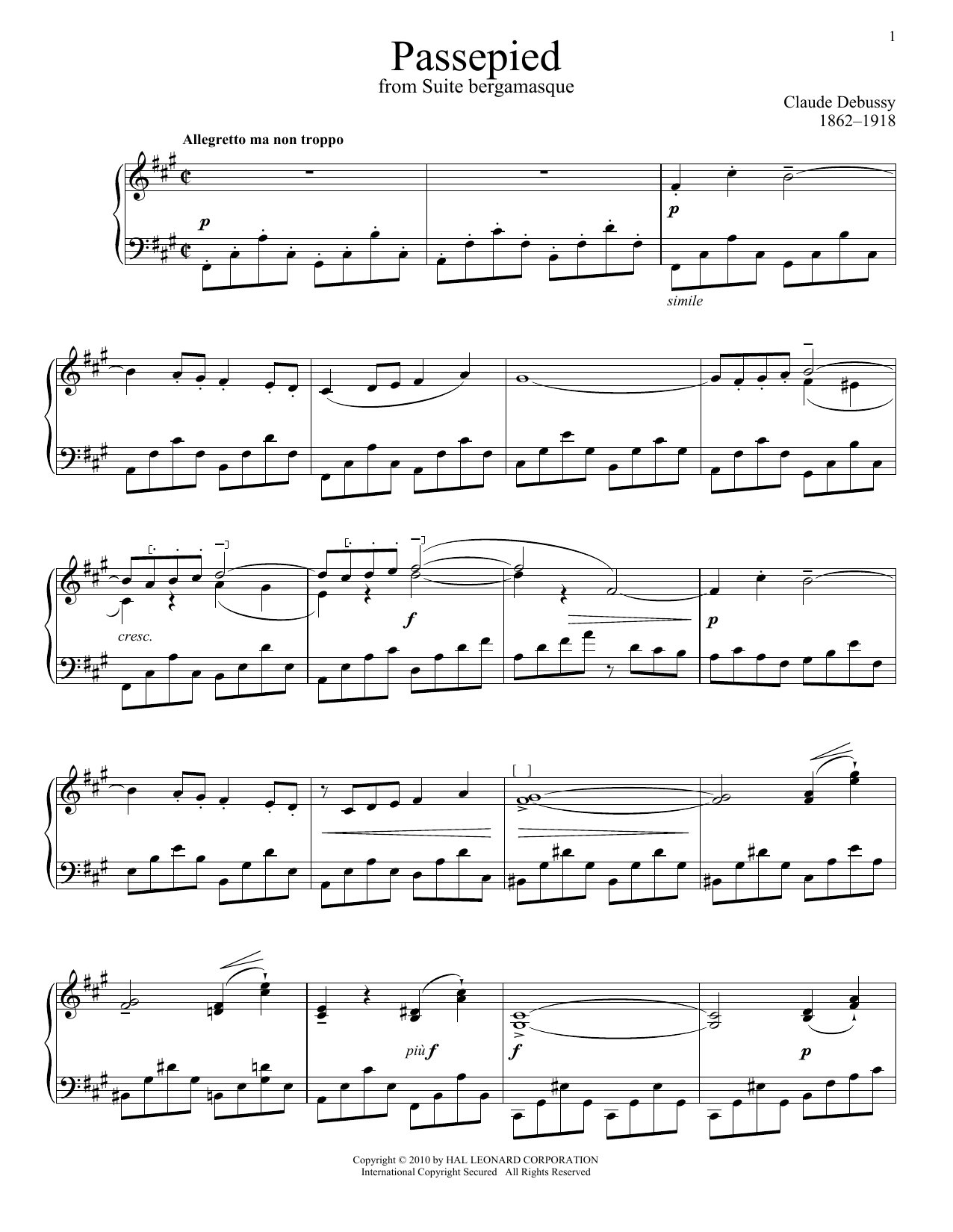 Claude Debussy Passepied (Bergamasque) sheet music notes and chords arranged for Piano Solo