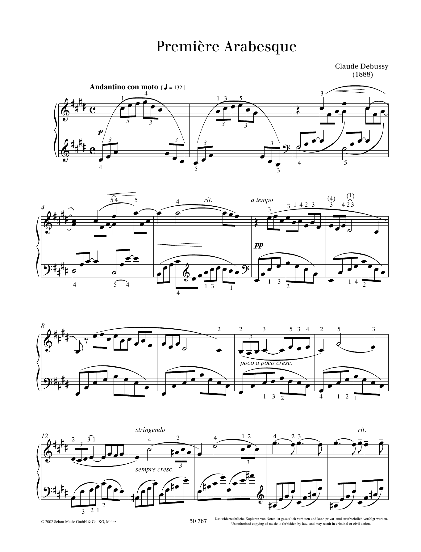 Claude Debussy Première Arabesques sheet music notes and chords arranged for Piano Solo