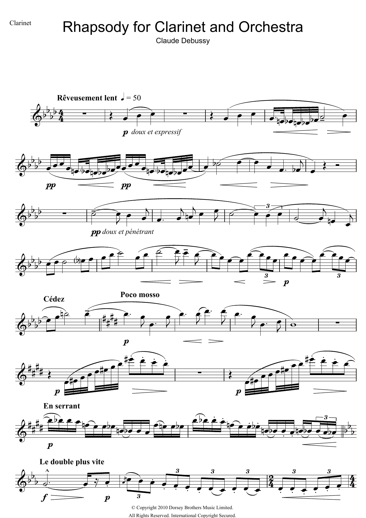 Claude Debussy Rhapsody For Clarinet And Orchestra sheet music notes and chords arranged for Clarinet Solo