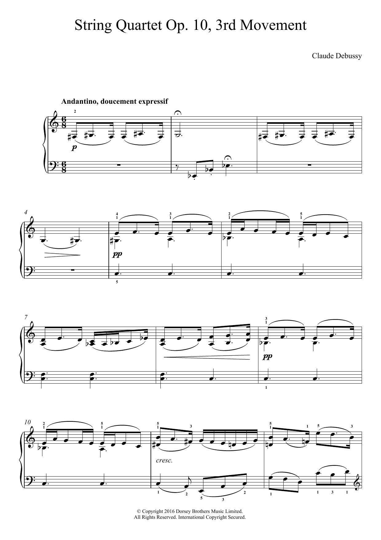 Claude Debussy String Quartet Op.10, 3rd Movement sheet music notes and chords arranged for Easy Piano