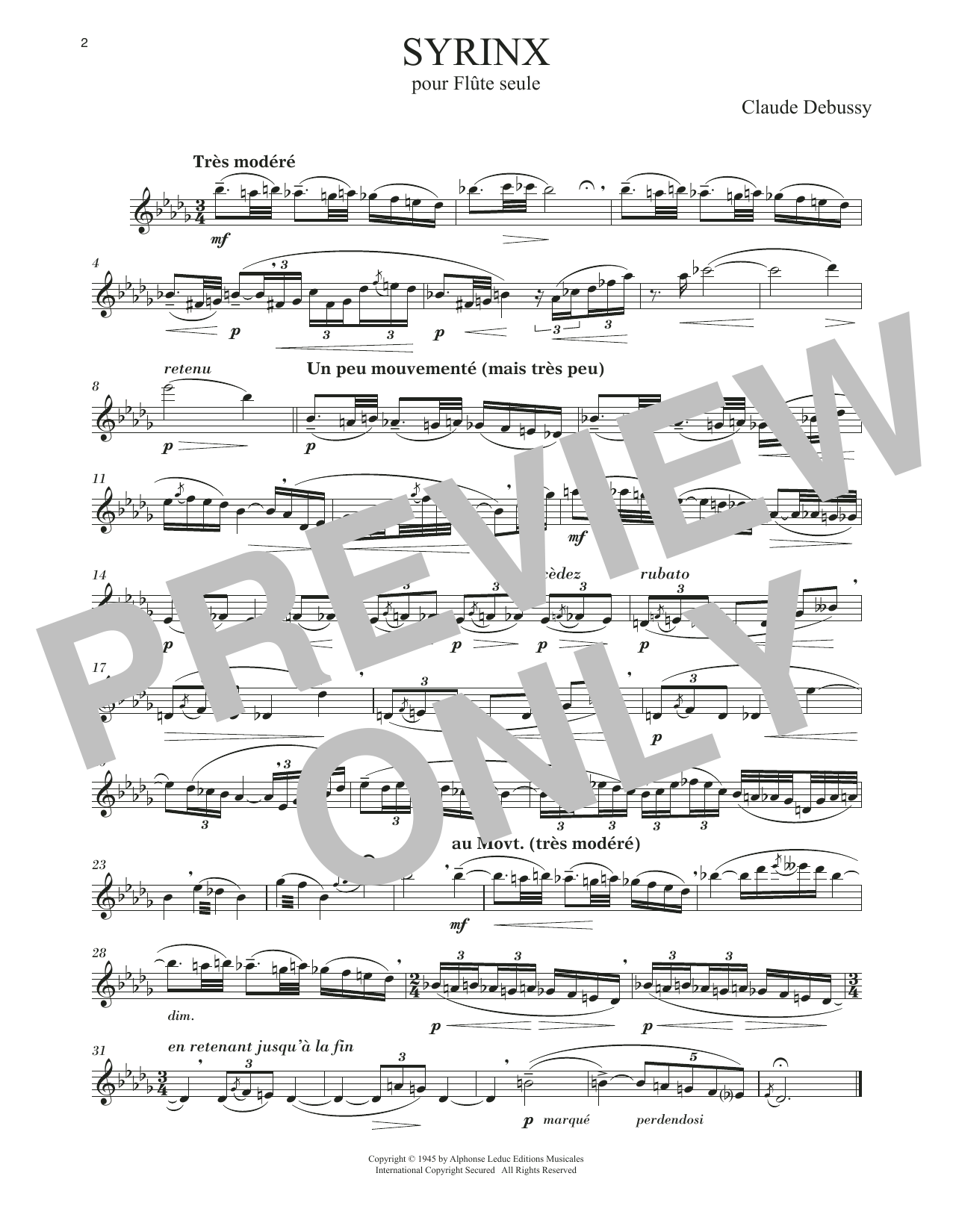 Claude Debussy Syrinx sheet music notes and chords arranged for Flute Solo