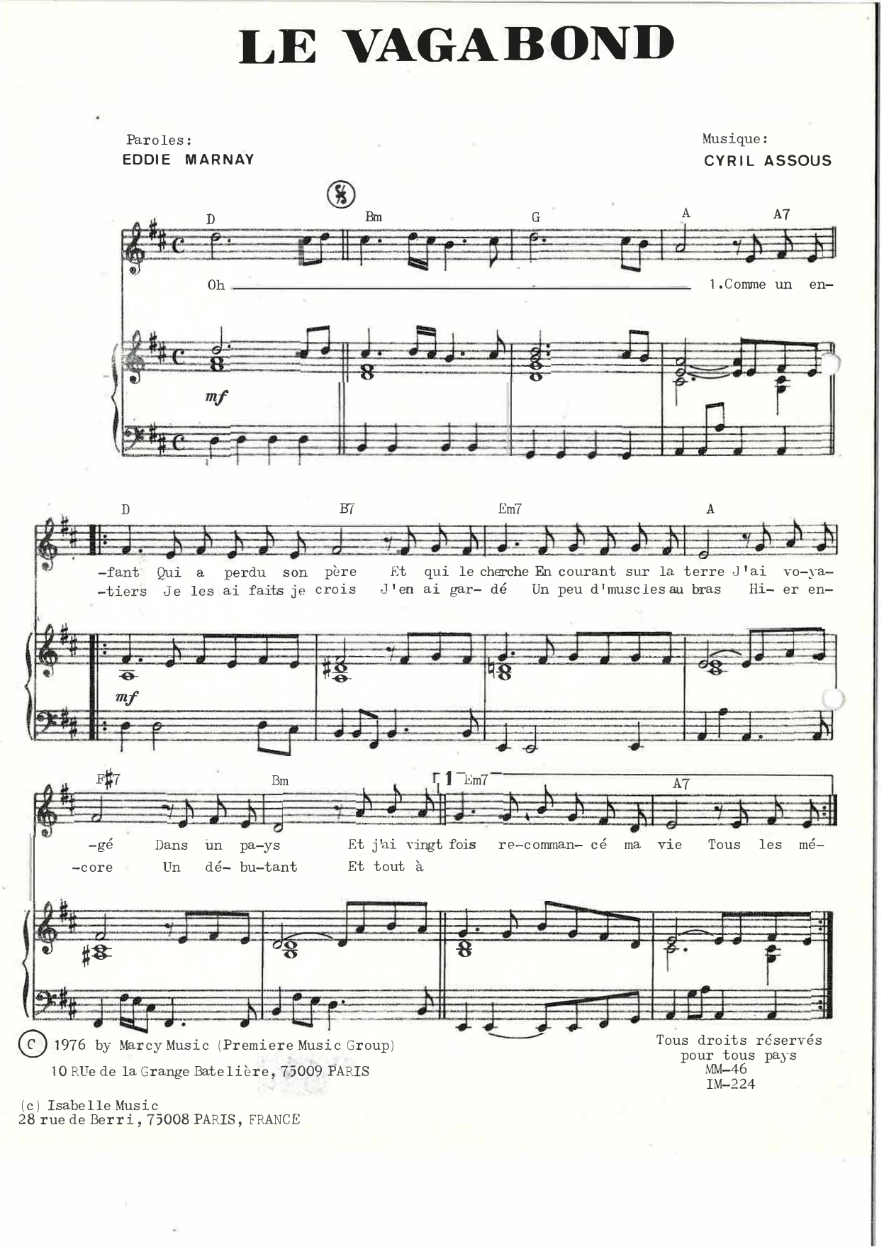 Claude Francois Le Vagabond sheet music notes and chords arranged for Piano & Vocal