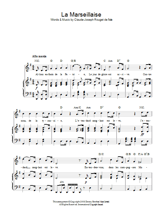 Claude-Joseph Rouget de l'Isle La Marseillaise (French National Anthem) sheet music notes and chords arranged for Piano, Vocal & Guitar Chords