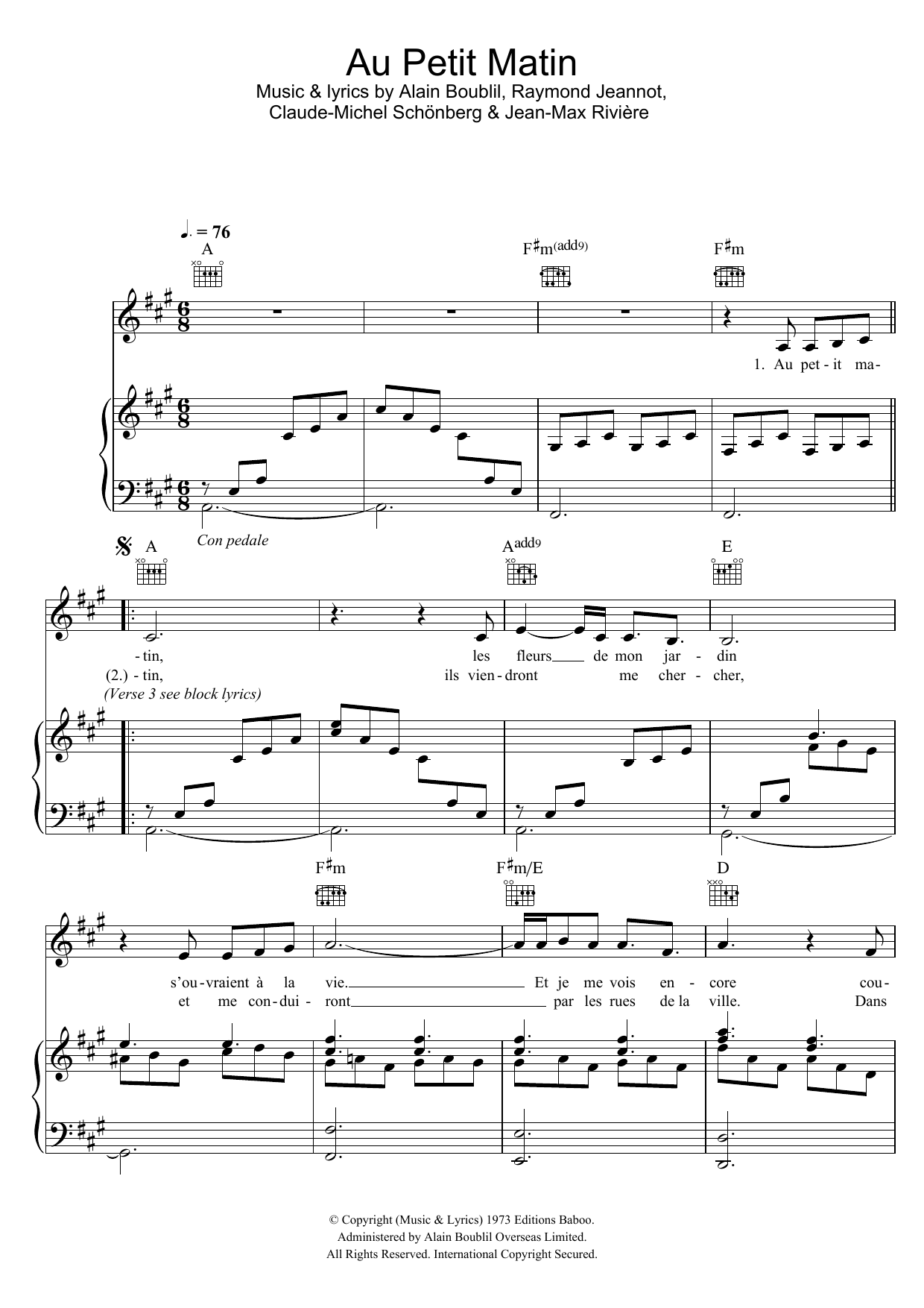 Claude-Michel Schonberg Au Petit Matin sheet music notes and chords arranged for Piano, Vocal & Guitar Chords