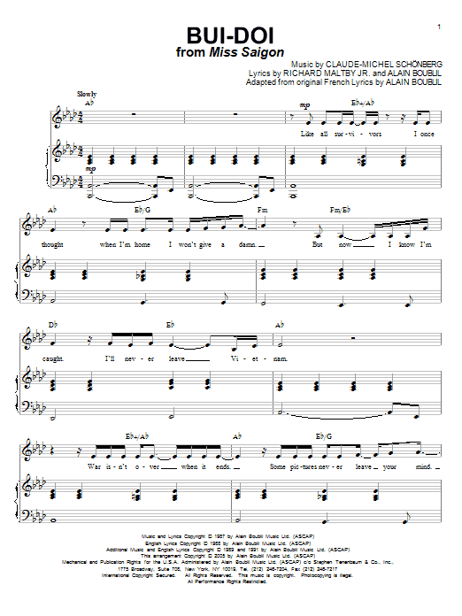 Claude-Michel Schonberg Bui-Doi sheet music notes and chords arranged for Piano, Vocal & Guitar Chords (Right-Hand Melody)