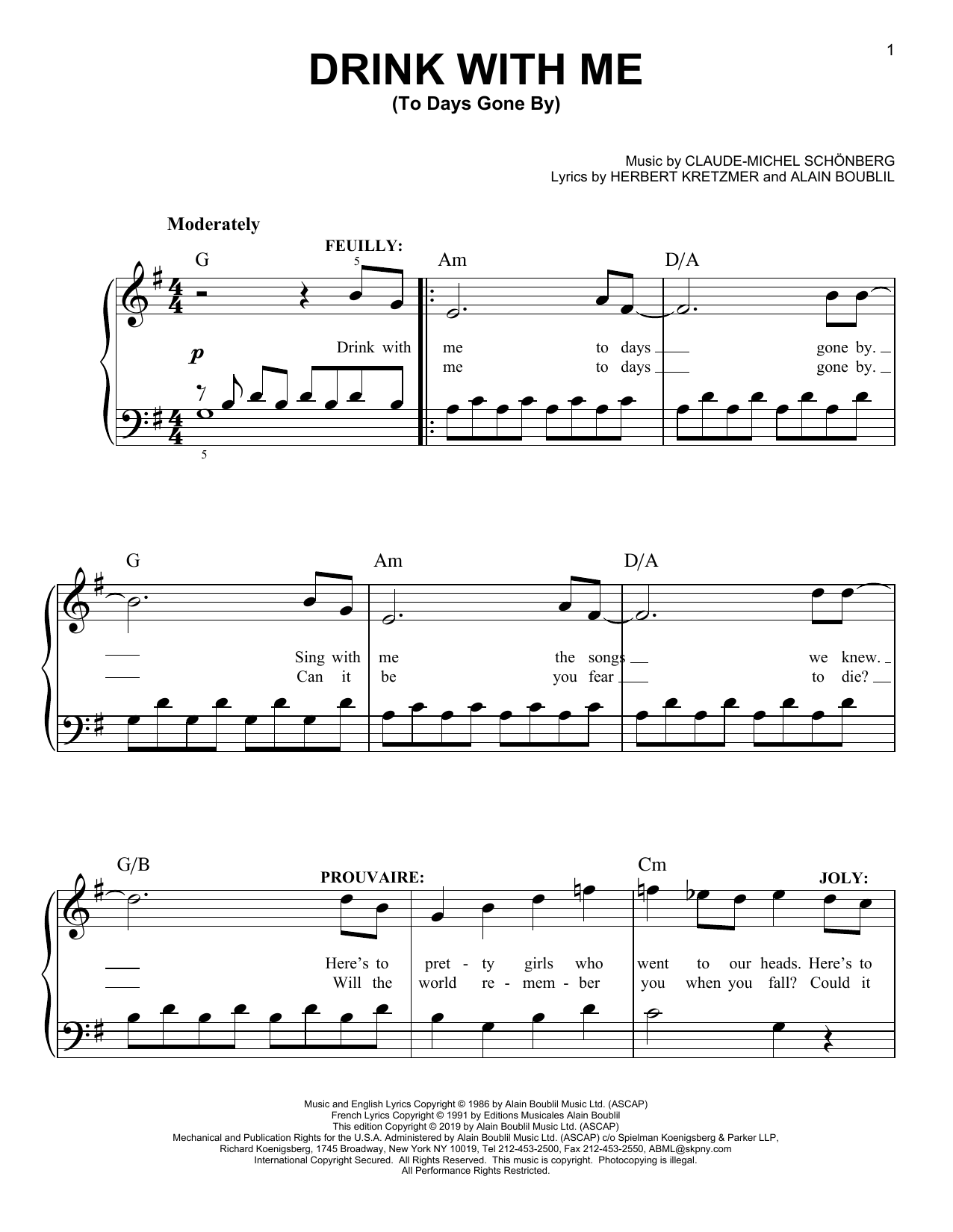 Claude-Michel Schönberg Drink With Me (To Days Gone By) sheet music notes and chords arranged for Violin Solo