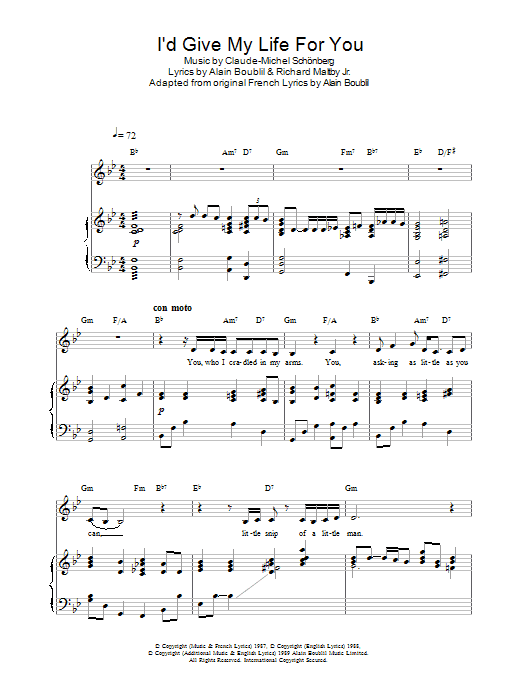 Claude-Michel Schonberg I'd Give My Life For You (from Miss Saigon) sheet music notes and chords arranged for Piano, Vocal & Guitar Chords