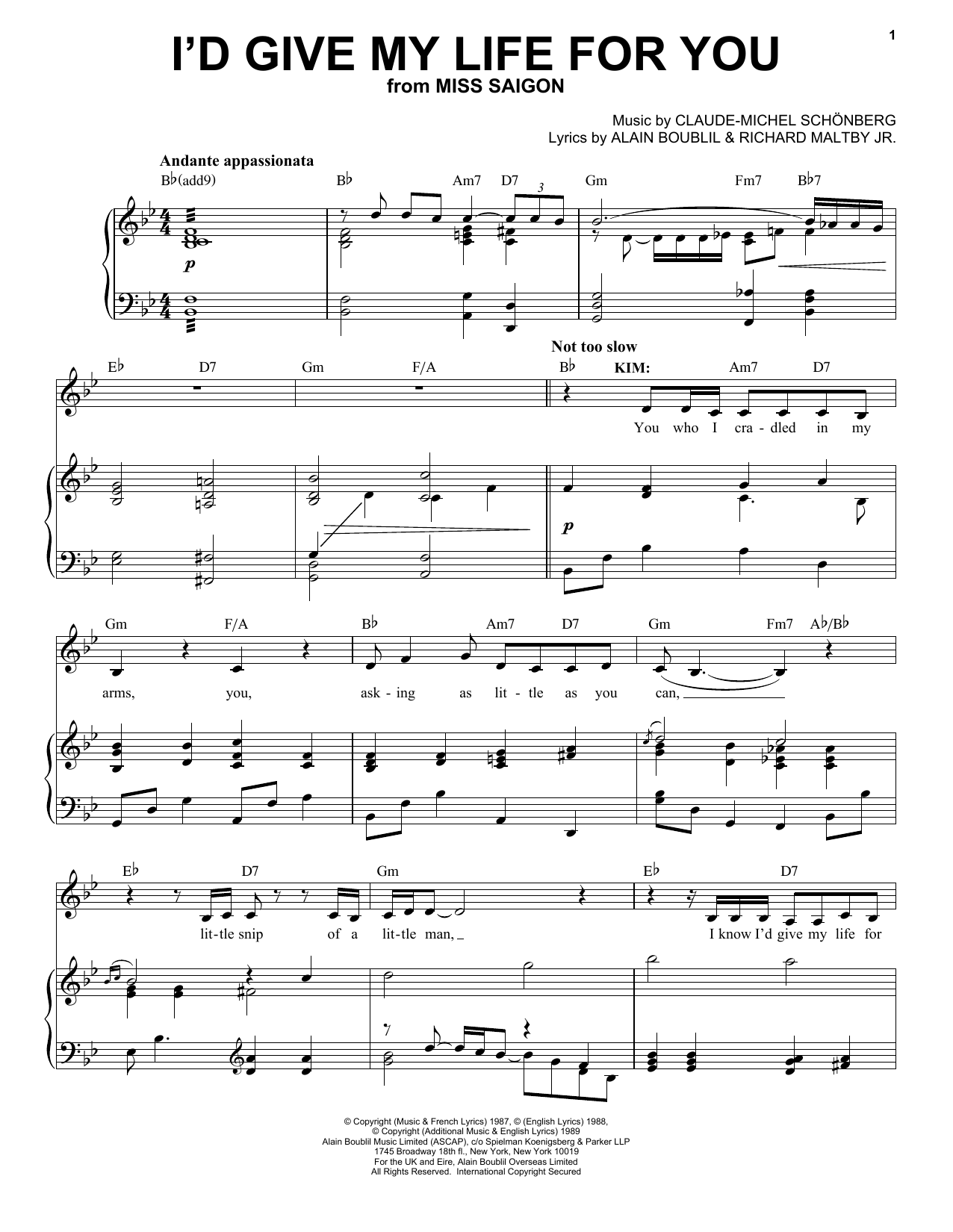Claude-Michel Schonberg I'd Give My Life For You sheet music notes and chords arranged for Pro Vocal