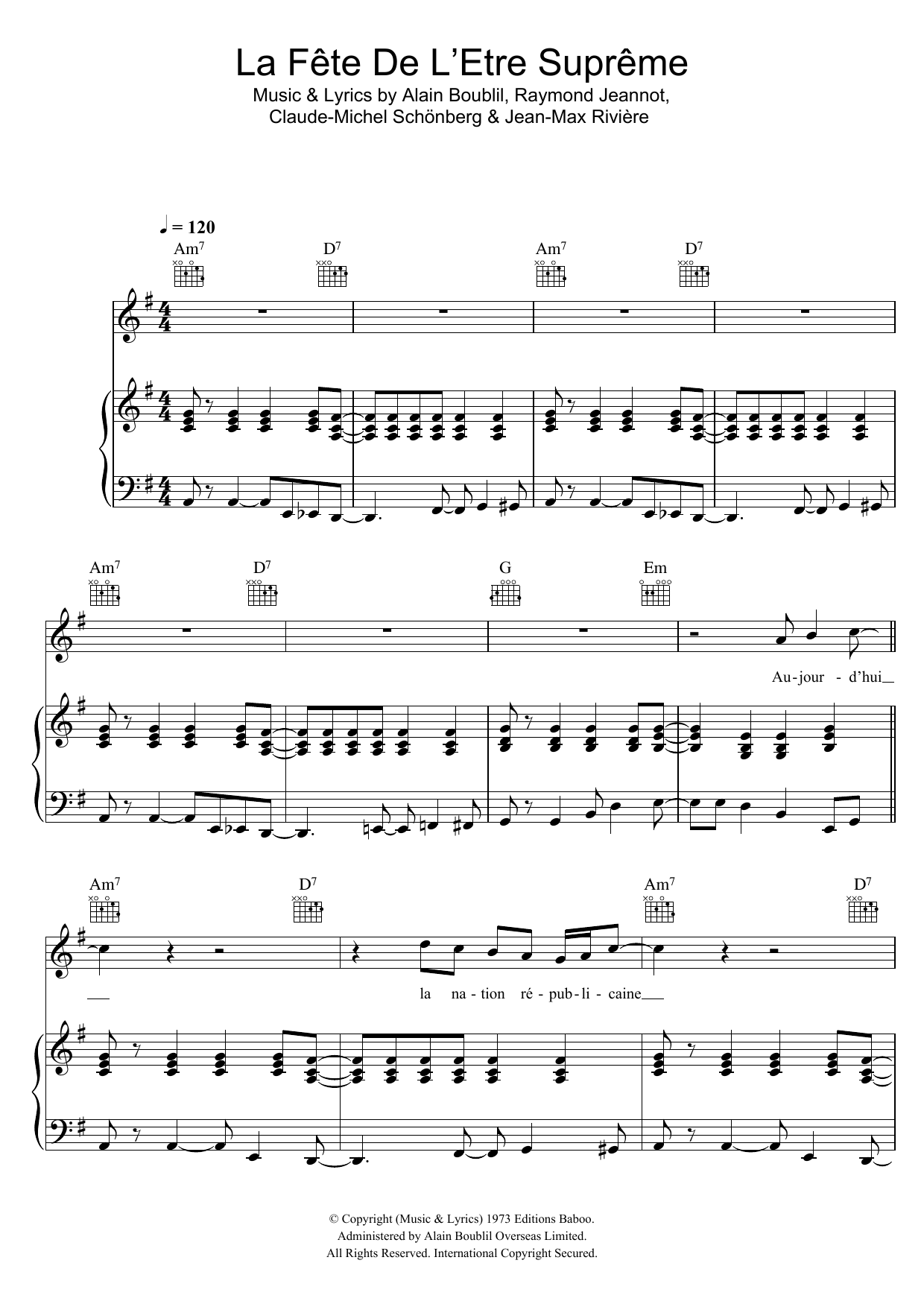 Claude-Michel Schonberg La Fete De L'Etre Supreme sheet music notes and chords arranged for Piano, Vocal & Guitar Chords
