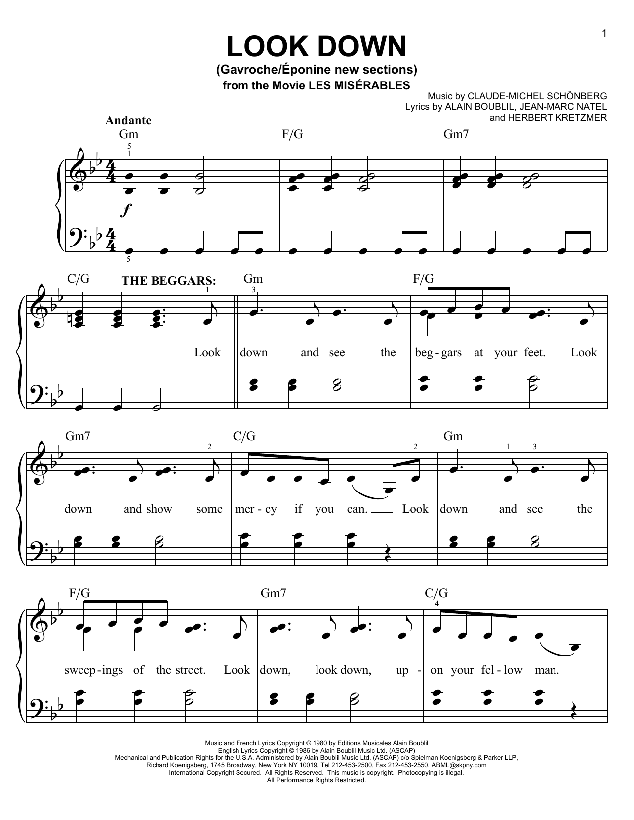Claude-Michel Schonberg Look Down (Gavroche) sheet music notes and chords arranged for Easy Piano