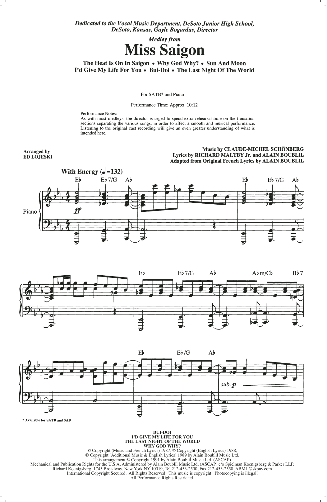 Claude-Michel Schonberg Miss Saigon (Medley) (arr. Ed Lojeski) sheet music notes and chords arranged for SATB Choir