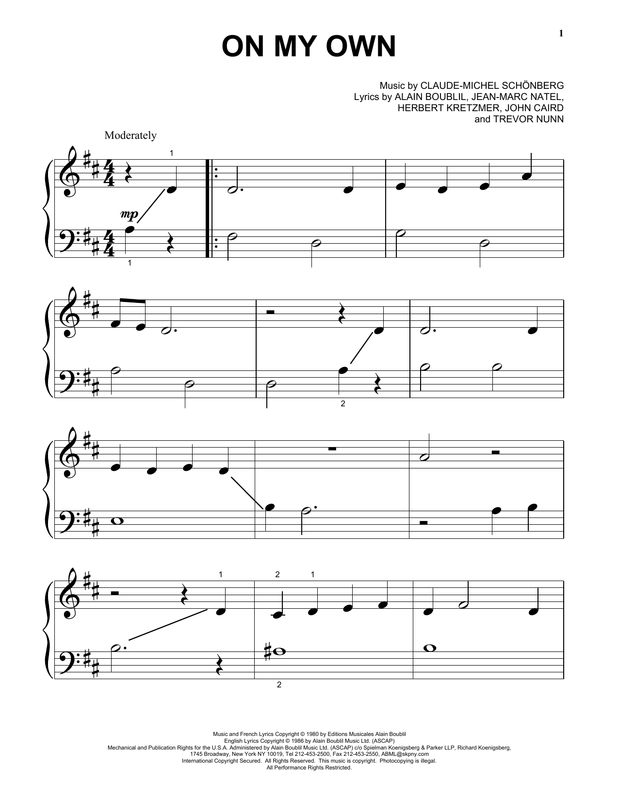 Claude-Michel Schonberg On My Own (from Les Miserables) sheet music notes and chords arranged for Very Easy Piano
