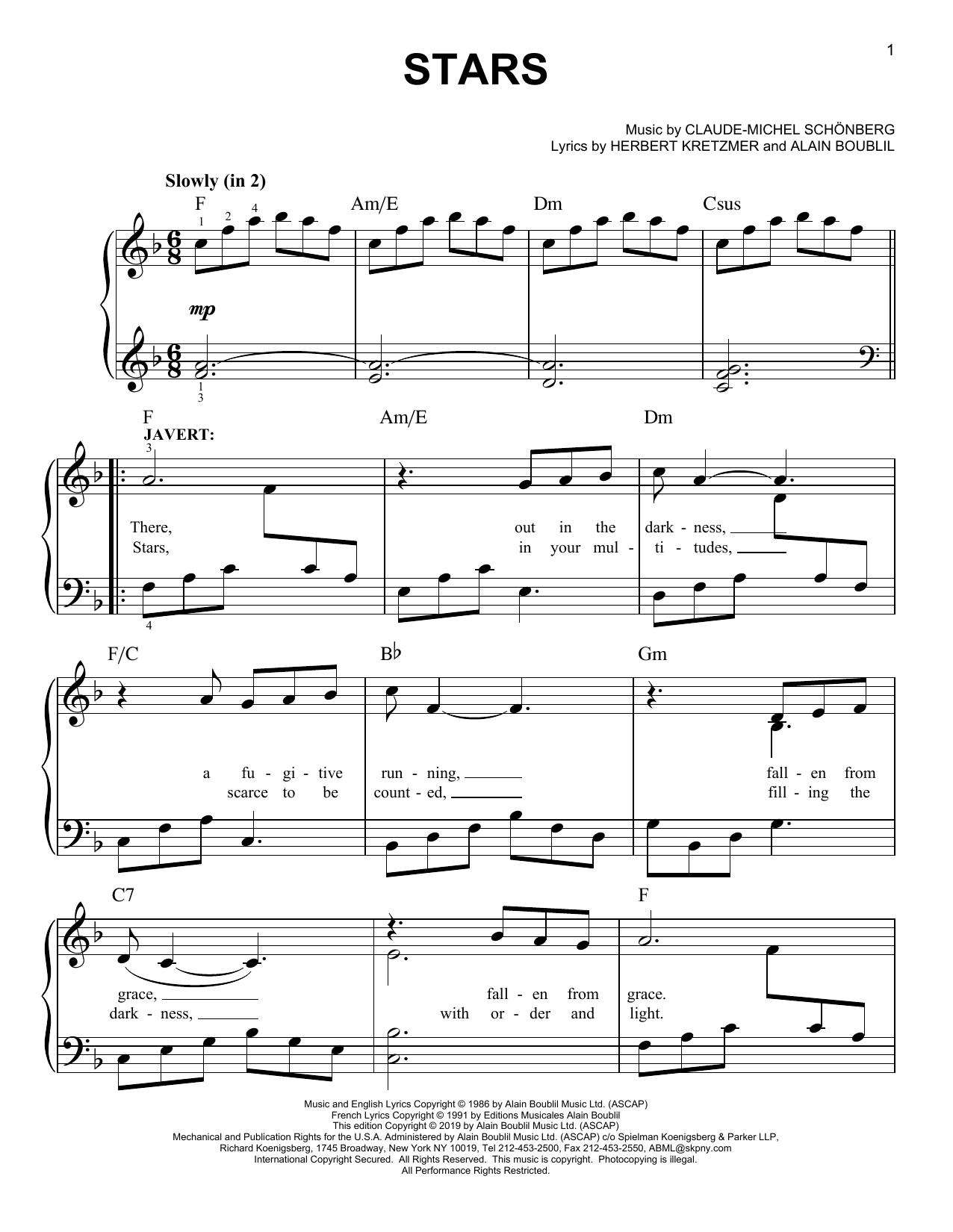 Claude-Michel Schonberg Stars sheet music notes and chords arranged for Easy Piano